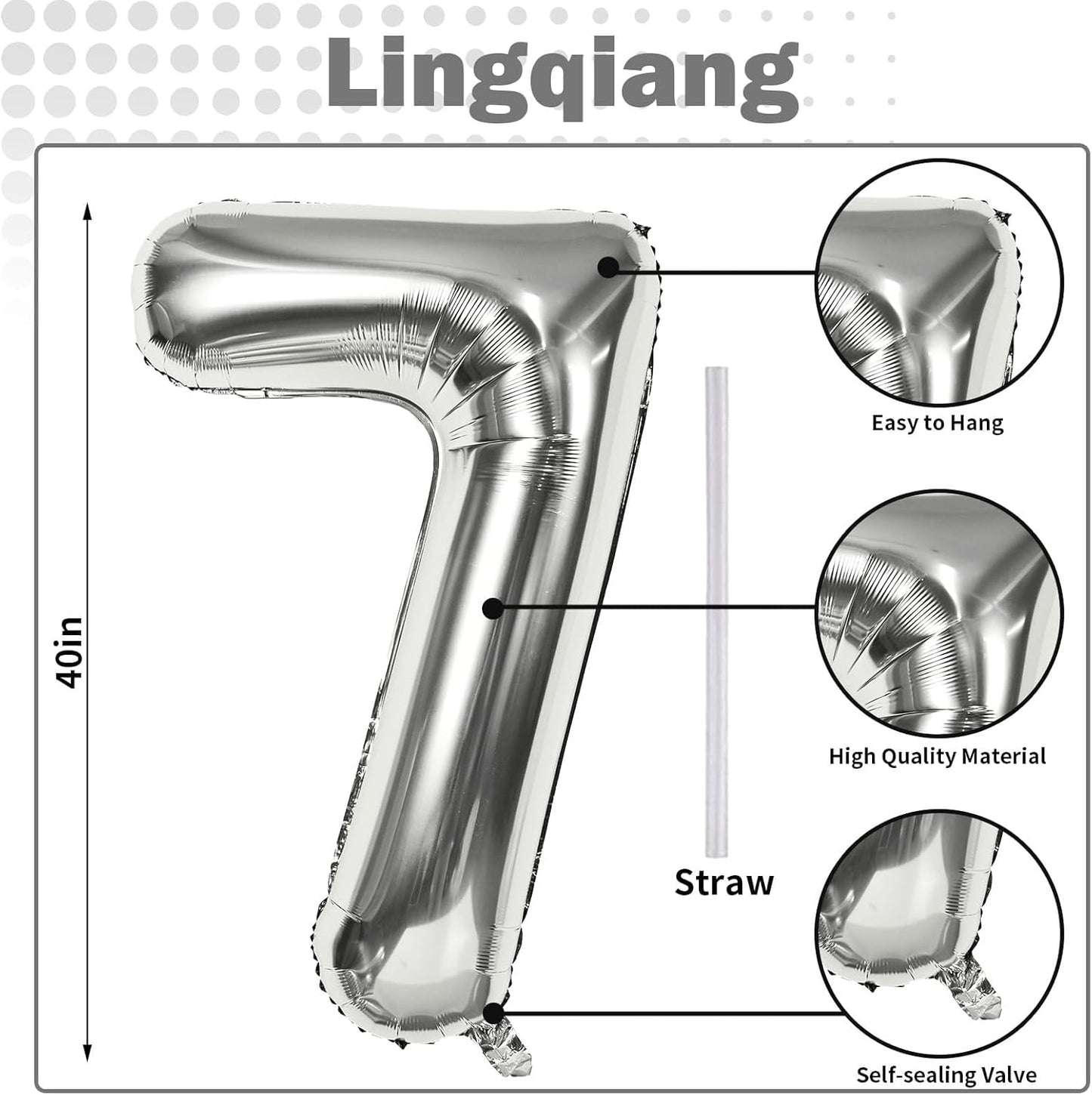 40'' Silver Number 7 Balloons, Self Inflating Foil Number Balloons Set 0-9 for Women Men, Large Digital 7 Helium Balloon for Girls Boys 7th Birthday Party New Year Decorations Anniversary Supplies