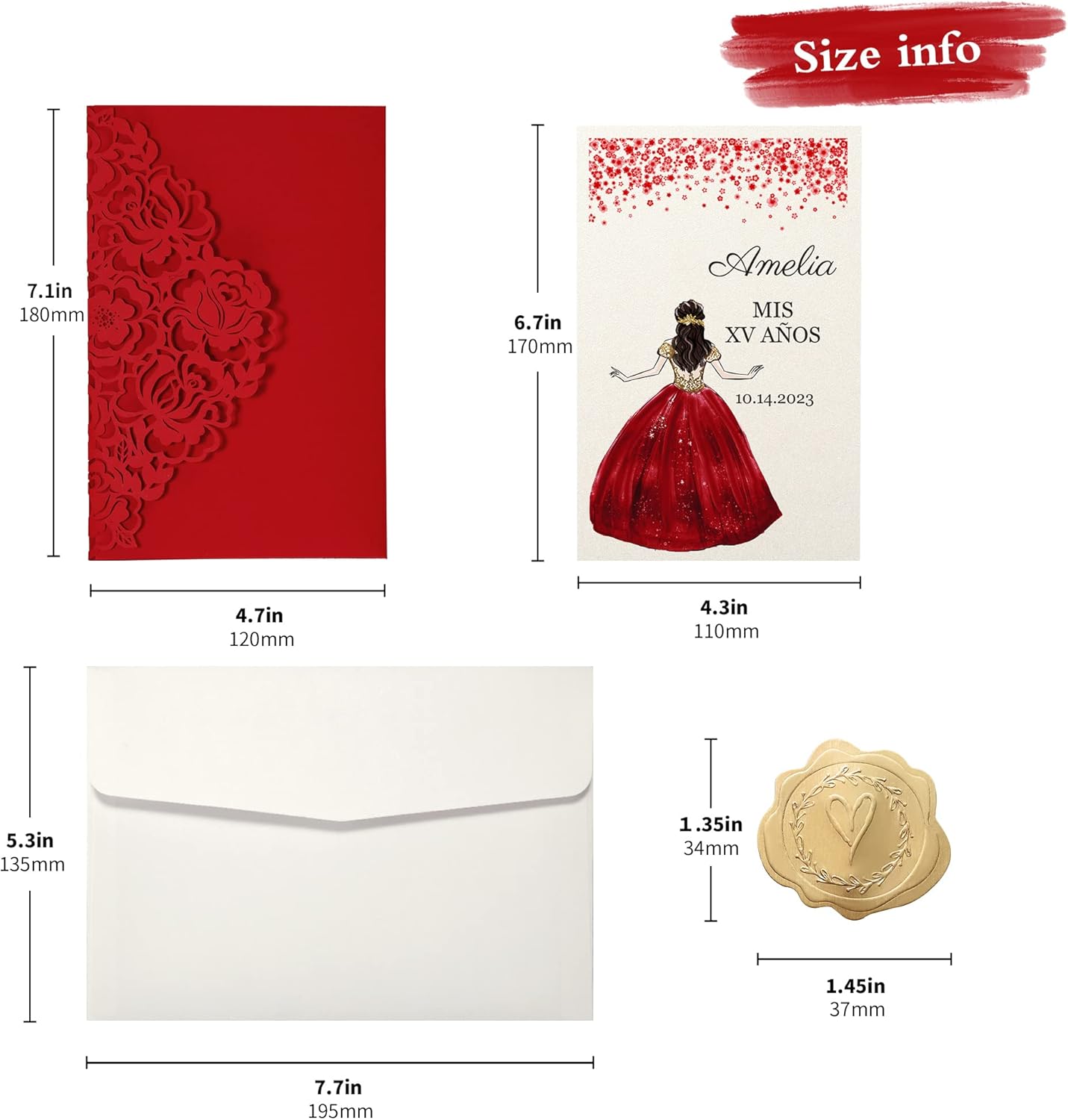 DORIS HOME 50pcs Laser Cut Quinceanera Invitations Red, 4.7x7.1 Personalized Quince Invitations for 15th Birthday, Invitation cards for Sweet 16 with Envelopes