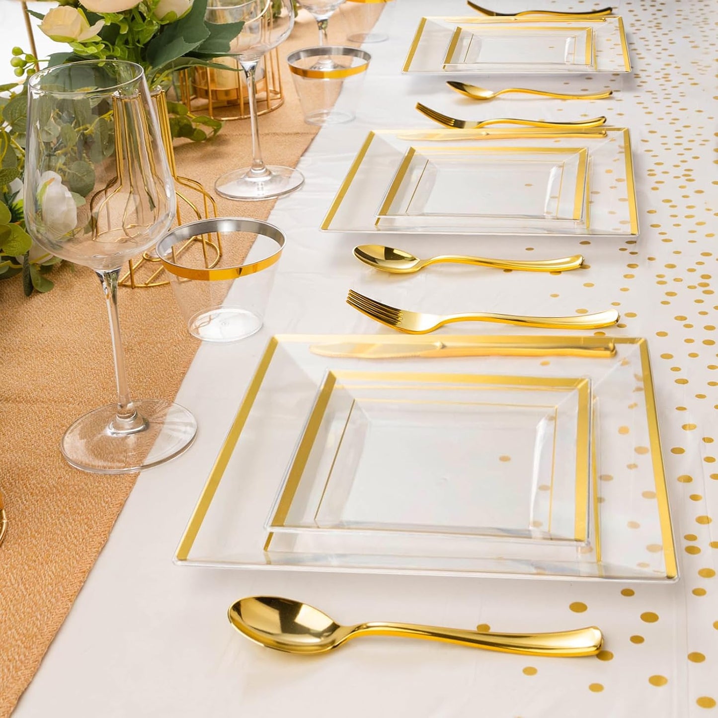 Goodluck 352-Piece Clear Plastic Dinnerware Set for 50 Guests, Includes: 100 Clear Square Plates with Gold Trim, 50 Rolled Napkins, 50 Cups, 50 Cutlery Set and 2 Tablecloths