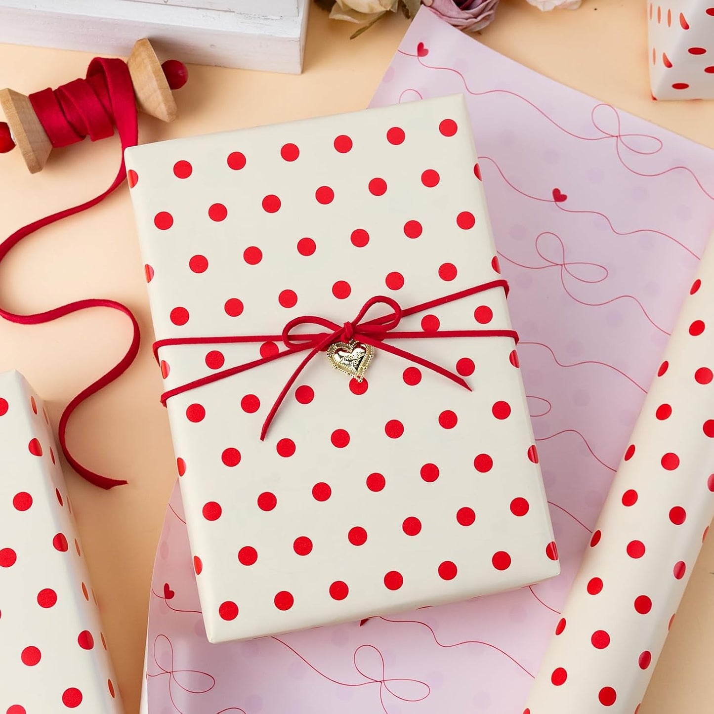 Flyhill Polka Dot Wrapping Paper,Reversible Pink Beige Elegant Heart & Bow Gift Wrap Suitable for Birthday,Girls,Baby Shower,Wedding (17 Inch X 32.8 Feet)