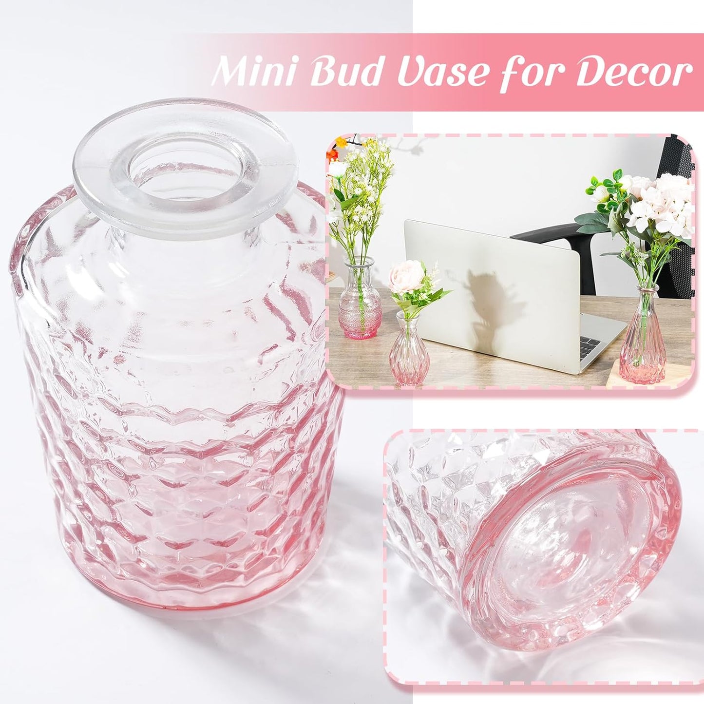 Inbagi Glass Vase, 20 Pcs Set of Small Vintage Flower Vases in Gradient Pink, Decorative Centerpieces for Home, Wedding Table, Christmas Decoration