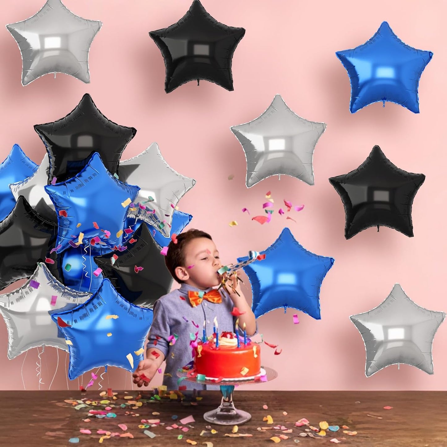 Blue Black Star Balloons Helium, 18Inch Silver and Blue Stars Shape Foil Balloon, 12Pcs Blue Pentagram Mylar Party Decoration for Boy Men Birthday Graduation Space Theme Eid Party Baby Shower Supplies