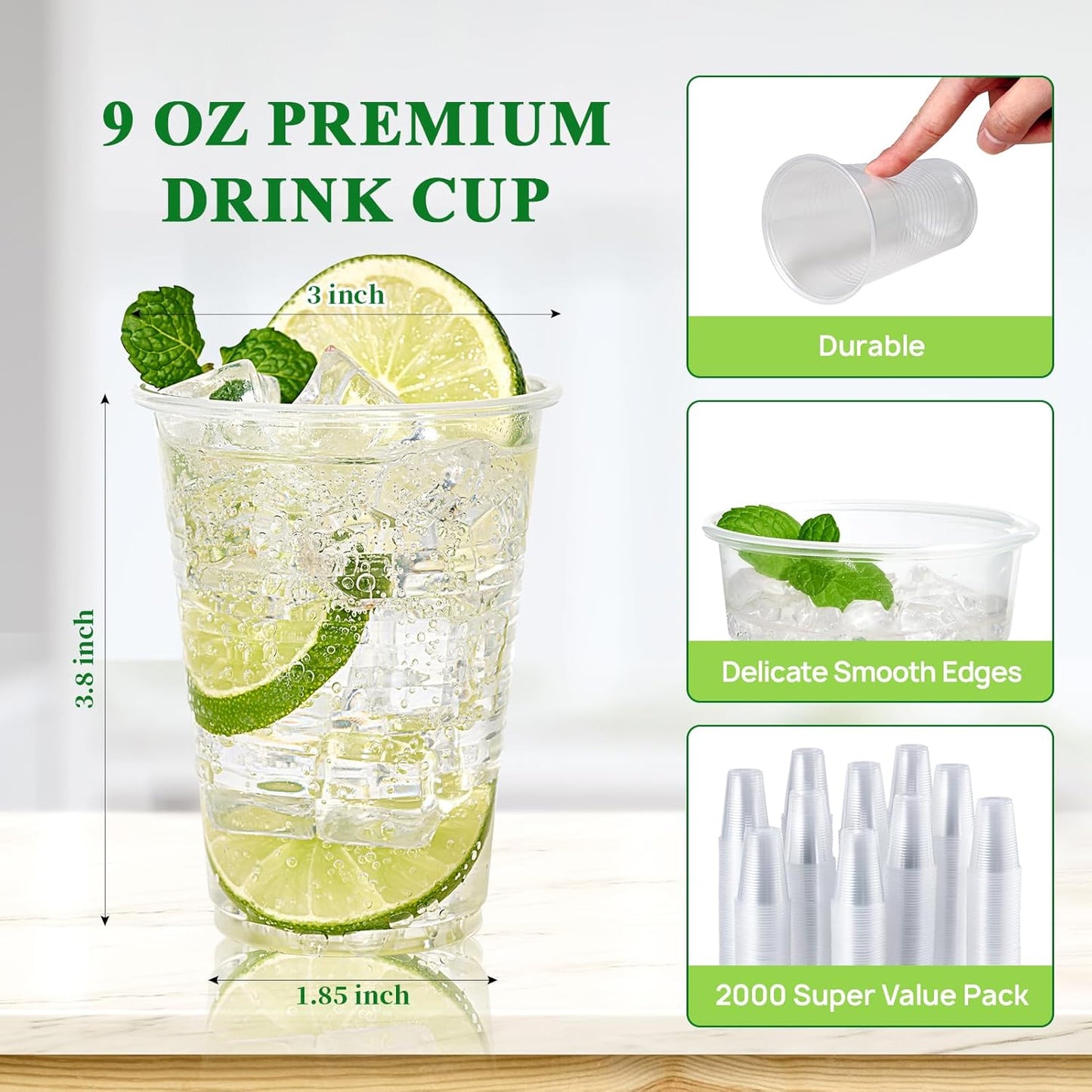 Vplus 2000 Pack 9 OZ Clear Plastic Cups, 9 Ounce Disposable Cold Water Party Drinking Cups for Wedding Thanksgiving Christmas Party