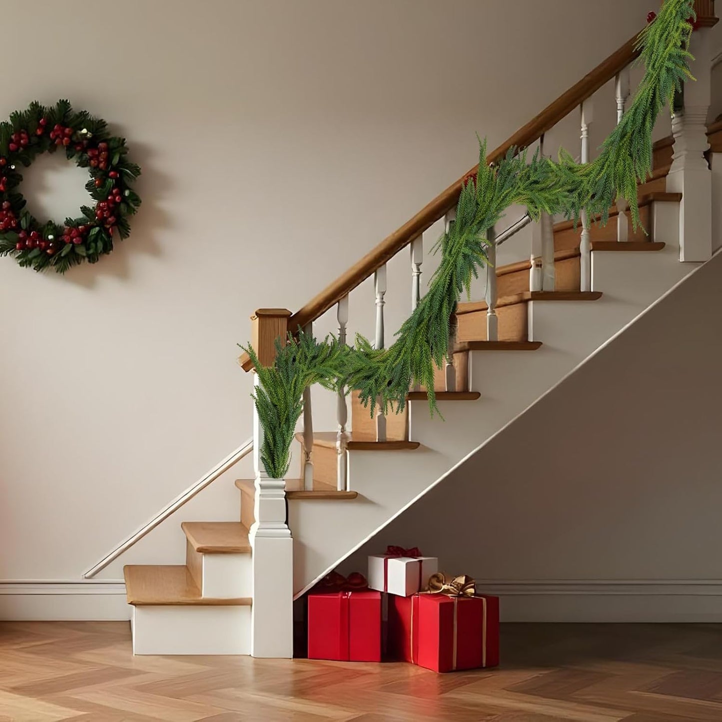 1 Pcs Artificial Norfolk Pine Garlands Christmas, 9 FT Dense Real Touch Winter Pine Garland Ornament, Green Artificial Greenery Garland for Table, Mantle, Wall, Indoor, Outdoor Christmas Decorations