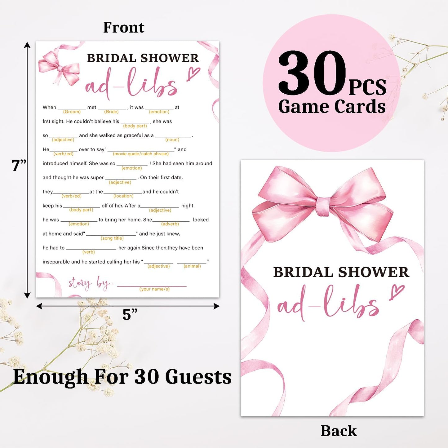 Bridal Shower Games 30 Guests, Ad-Libs Bridal Shower Wedding Games for Reception, Rehearsal Dinner Engagement Party Activities Game Card/HL 007