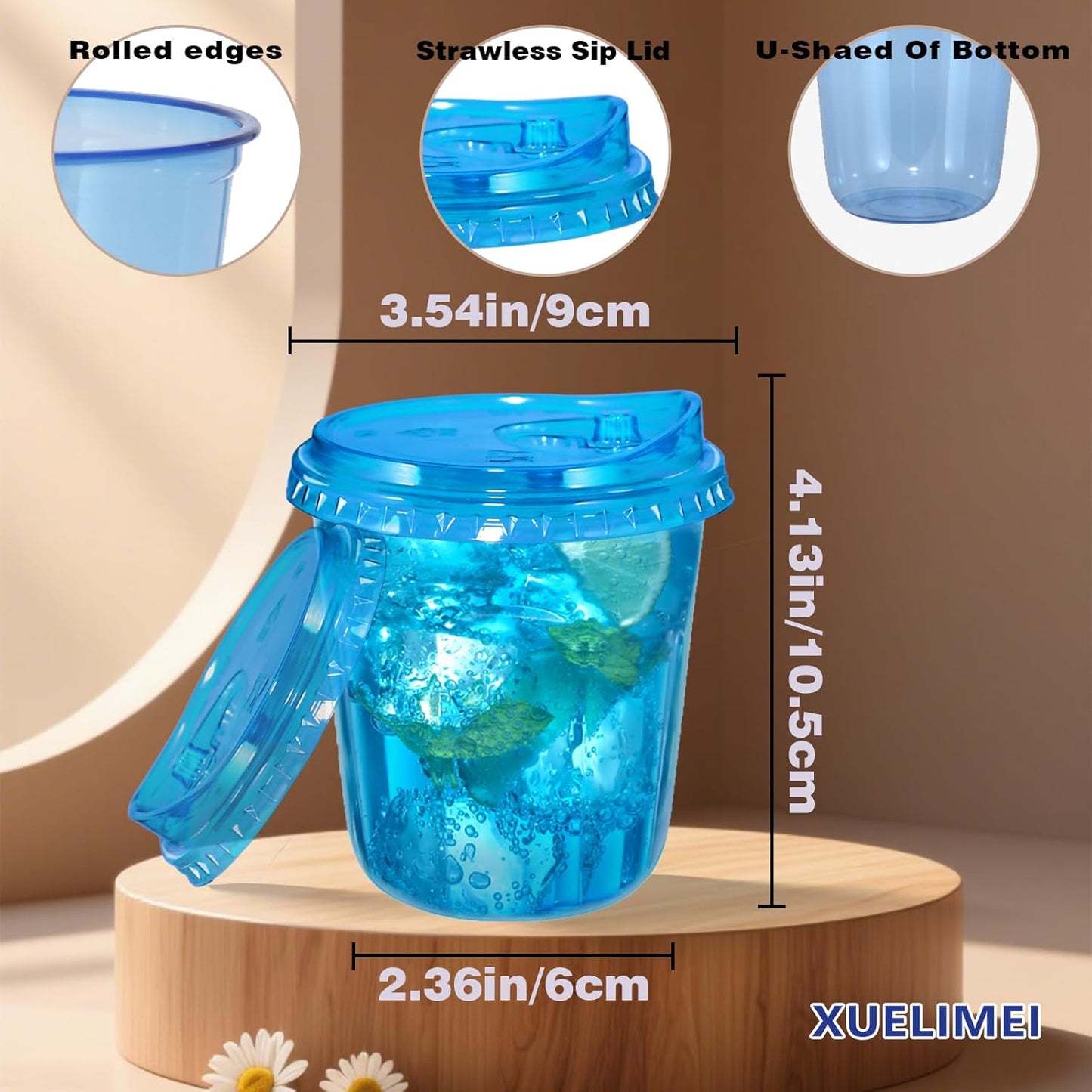 12oz Disposable Stemless Glasses With Strawless Sip Lids,PET Disposable Drinking Cups,Clear Plastic Wine Glasses for Parties Birthday,Wedding,Meeting,Christmas Party Supplies. (100, Blue)