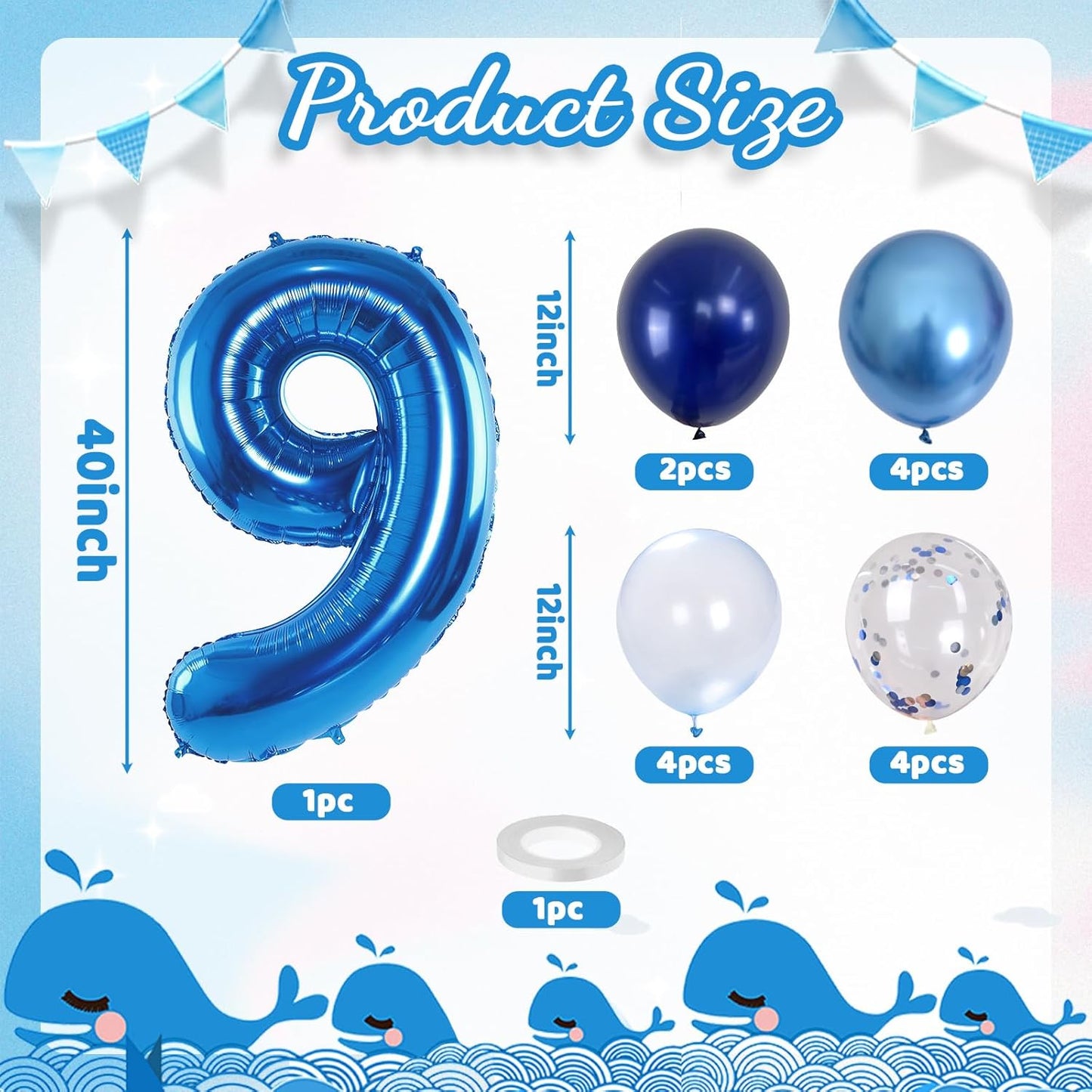 Navy Blue 9 Balloons, 40 Inch Dark Blue Foil Number 9 Balloon Set, XXL Self Inflating 9 Helium Balloon with Metallic Blue Silver Confetti Balloon for Boys 9th Birthday Anniversary Party Decorations