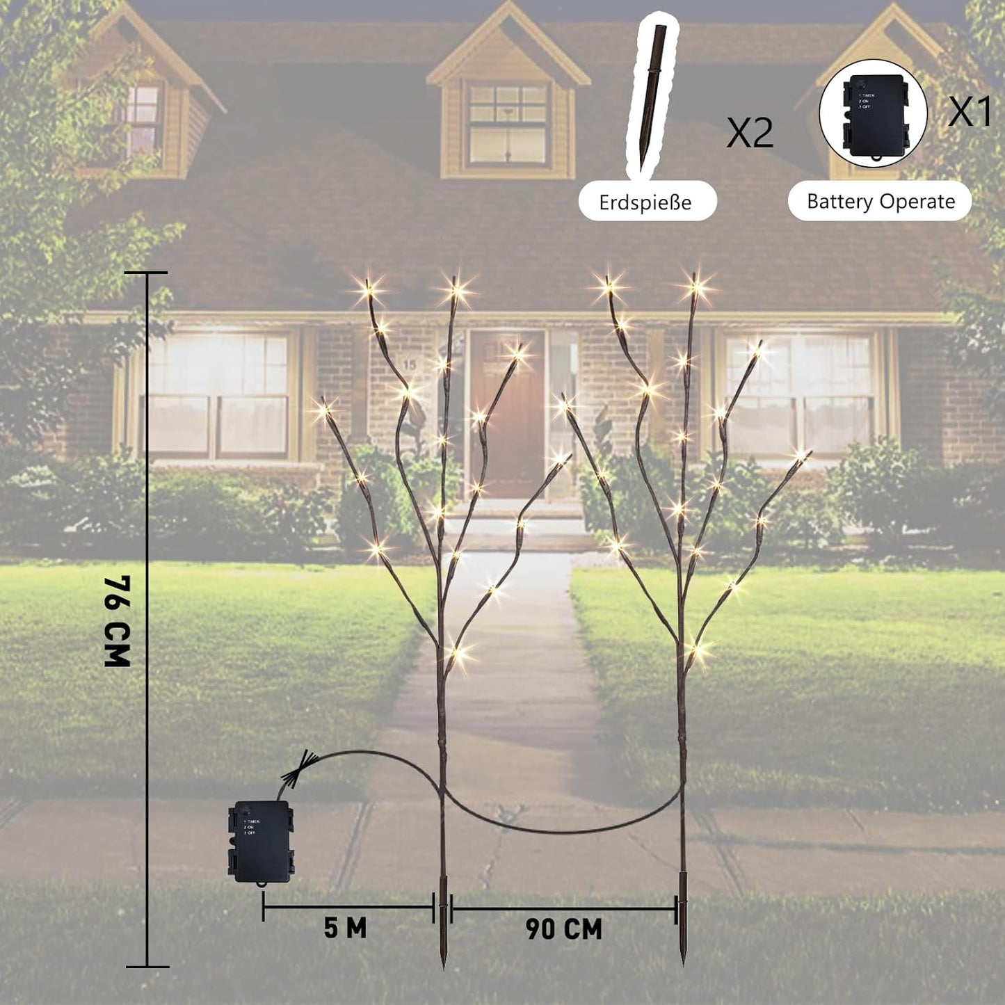 PEIDUO Lighted Branch, 30Inch 2PK 40 LED Pathway Lights, Battery Operate with Timer, for Christmas Decorations Indoor Outdoor Room Apartment Stake Lights for Lawn