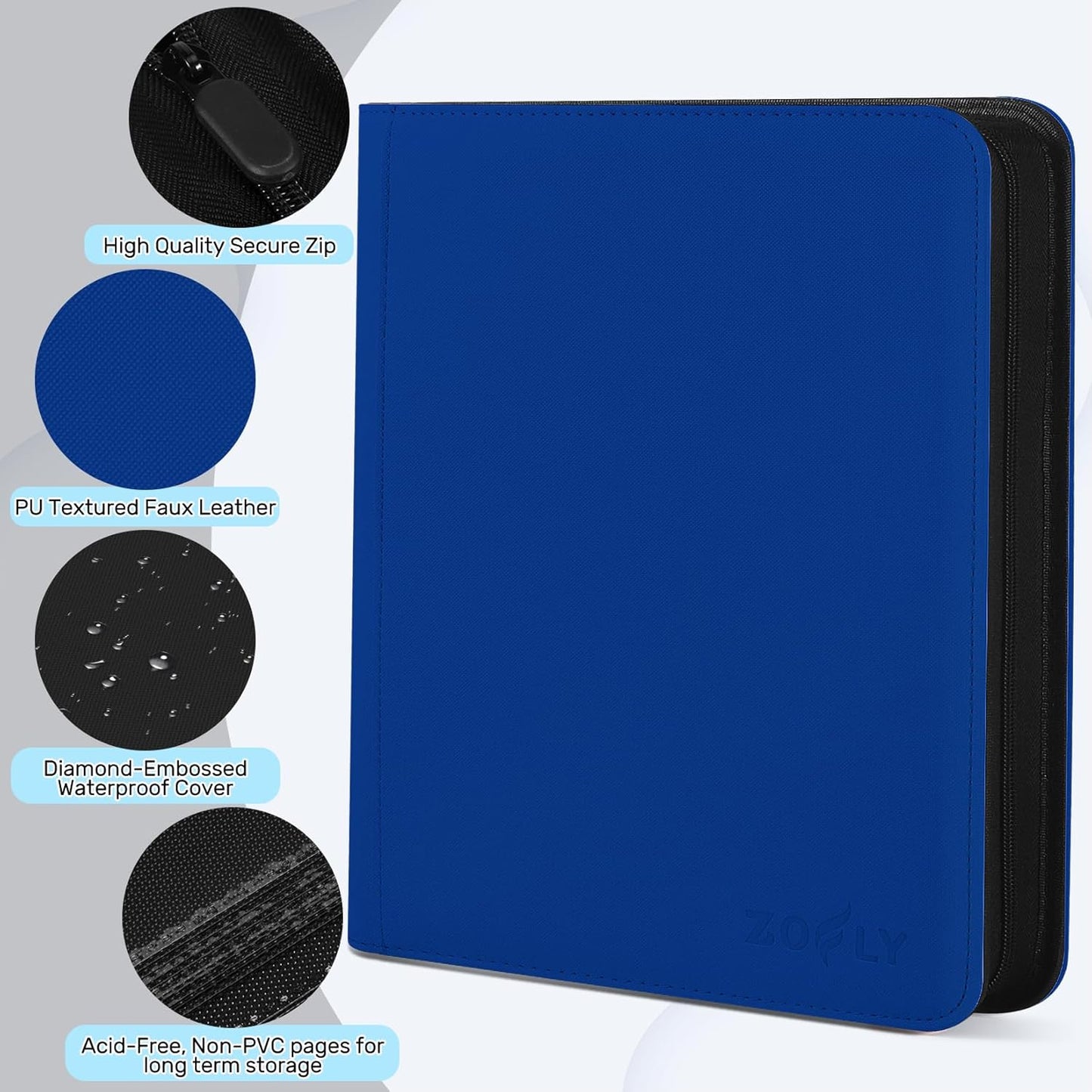 12 Pockets Trading Card Zipper Binder for 720 Cards, 30 Side-Loading Card Binder Folders, Ringless Card Sleeves with PU Cover, Collectible Trading Card Albums for Boys, Girls, Sports Game Cards, Blue