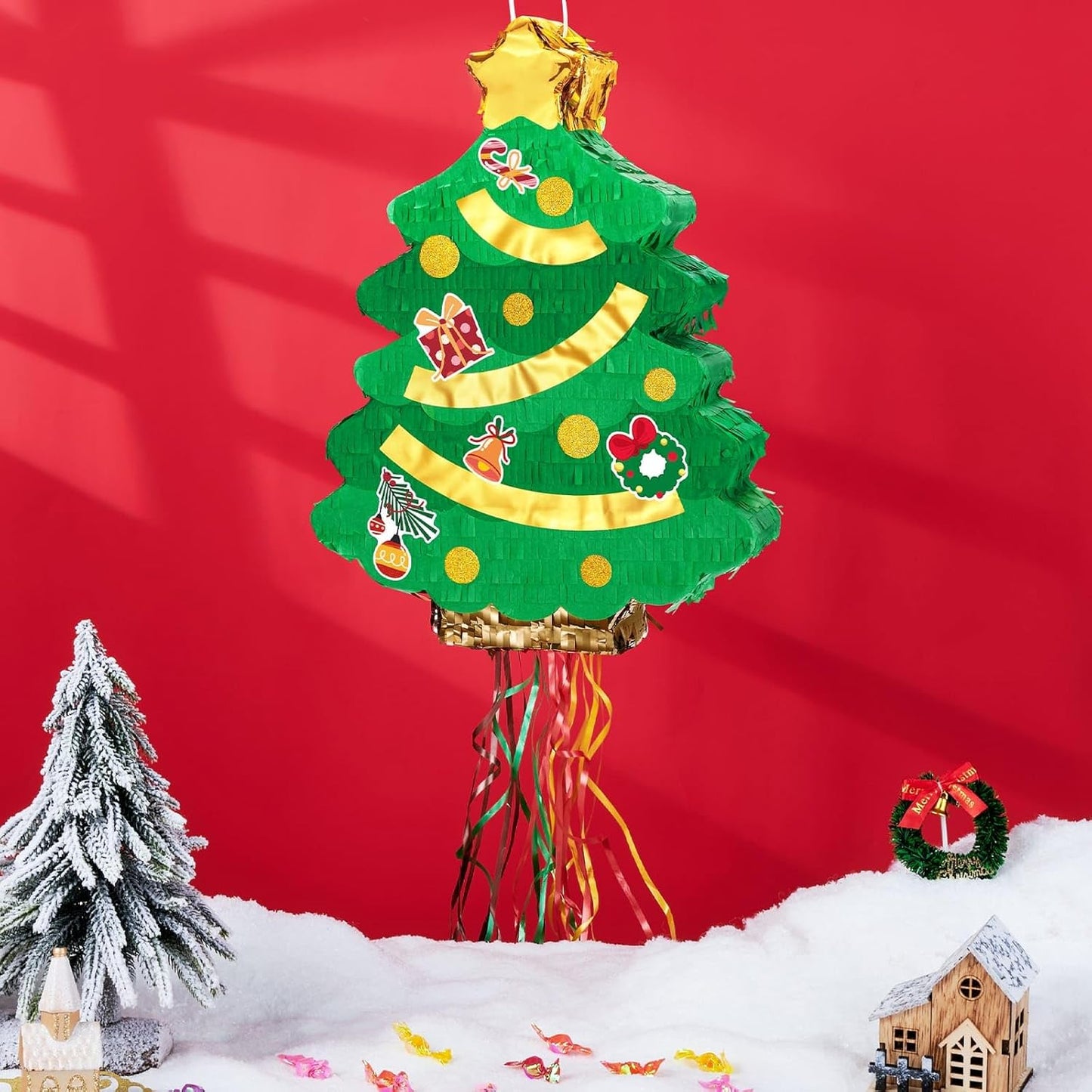 WERNNSAI Christmas Tree Pinata - Christmas Decorations XmasTree Party Game for Kids Festival Party Decor Supply Green Tree Design Merry Xmas Favor Pull String with Blindfold Bat 16.5” x 12.4”