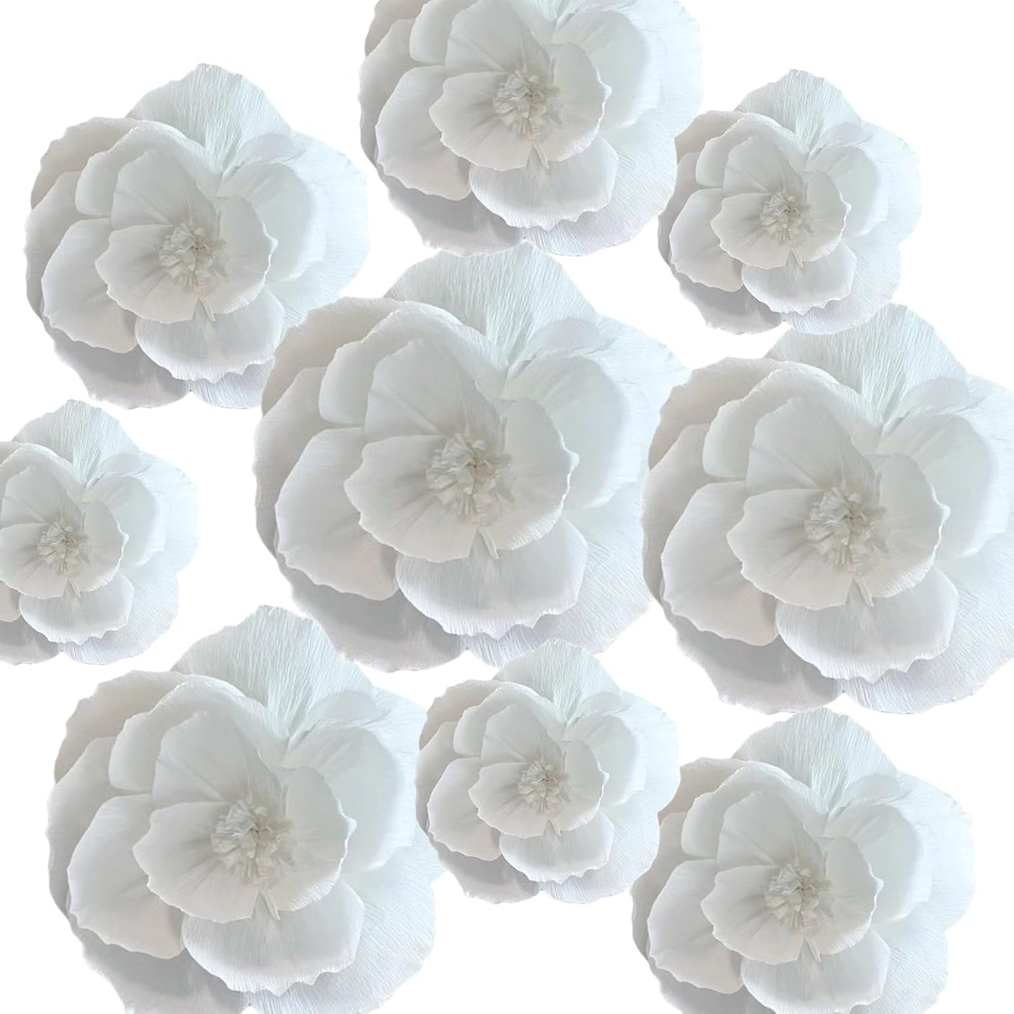 BRT Bearingshui Crepe Paper Flowers Decoration for Wall Total 9 Pcs, Artificial Flowers for Wedding Decor,Flower Backdrop Decor, Baby Bridal Shower Birthday Party, White 3D Wall Flowers Decor