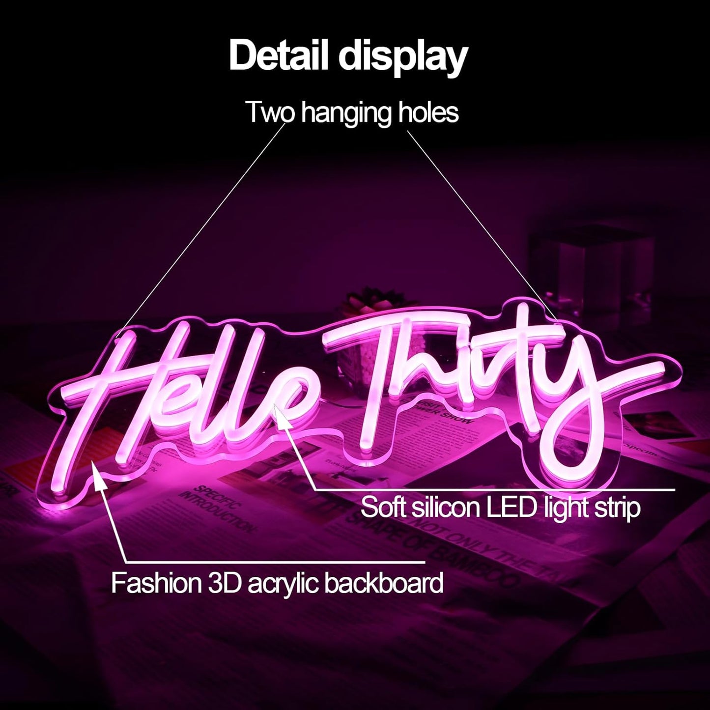 Pink Hello Thirty Neon Sign for Wall - 30th Birthday Gifts for Women Party Photo Background - Hanging Light for Wedding Anniversary Party Decor