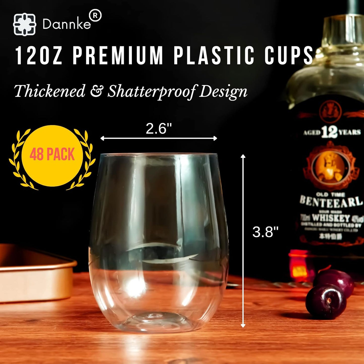 48 Stemless Plastic Wine Glasses - 12oz Clear Disposable Party Cups for Parties - Wine Tumblers