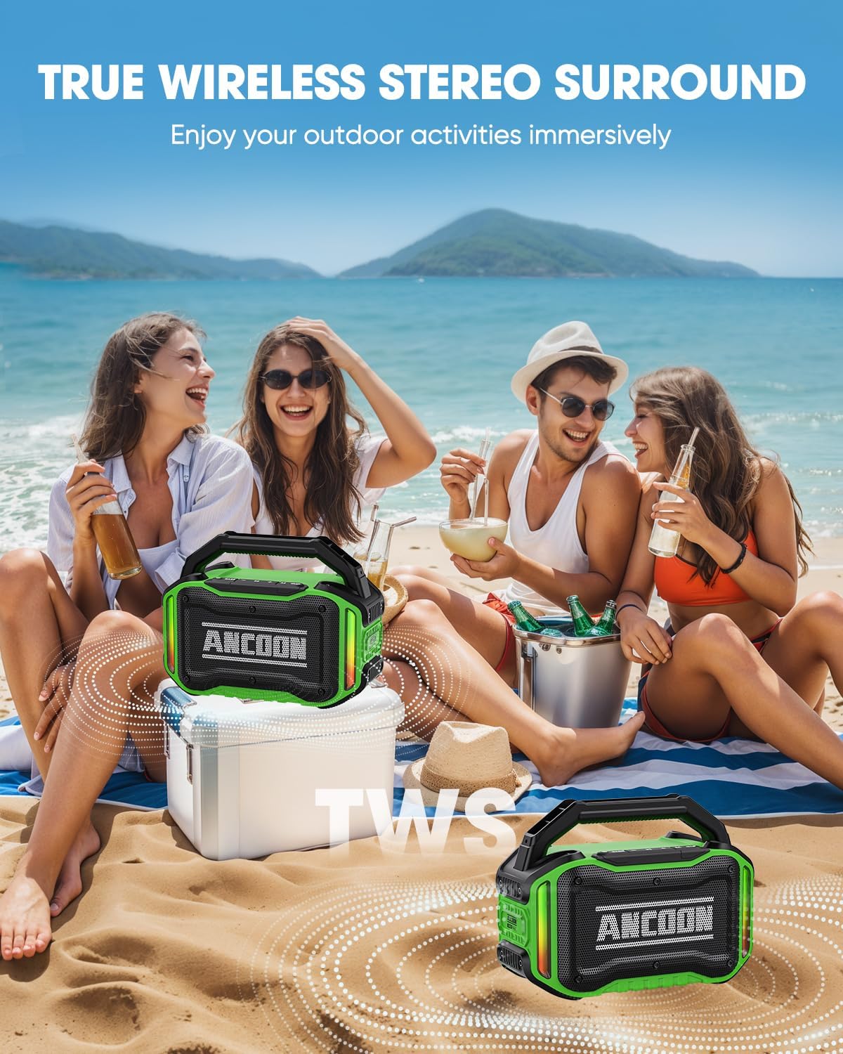 Speakers Bluetooth Wireless: 80W(Peak) Loud Speaker with Bass, 20H Playtime, IPX6 Waterproof, Large Jobsite Speakers for Work, Outdoor, Workshop, Garage, Portable Speaker with TWS (Green)