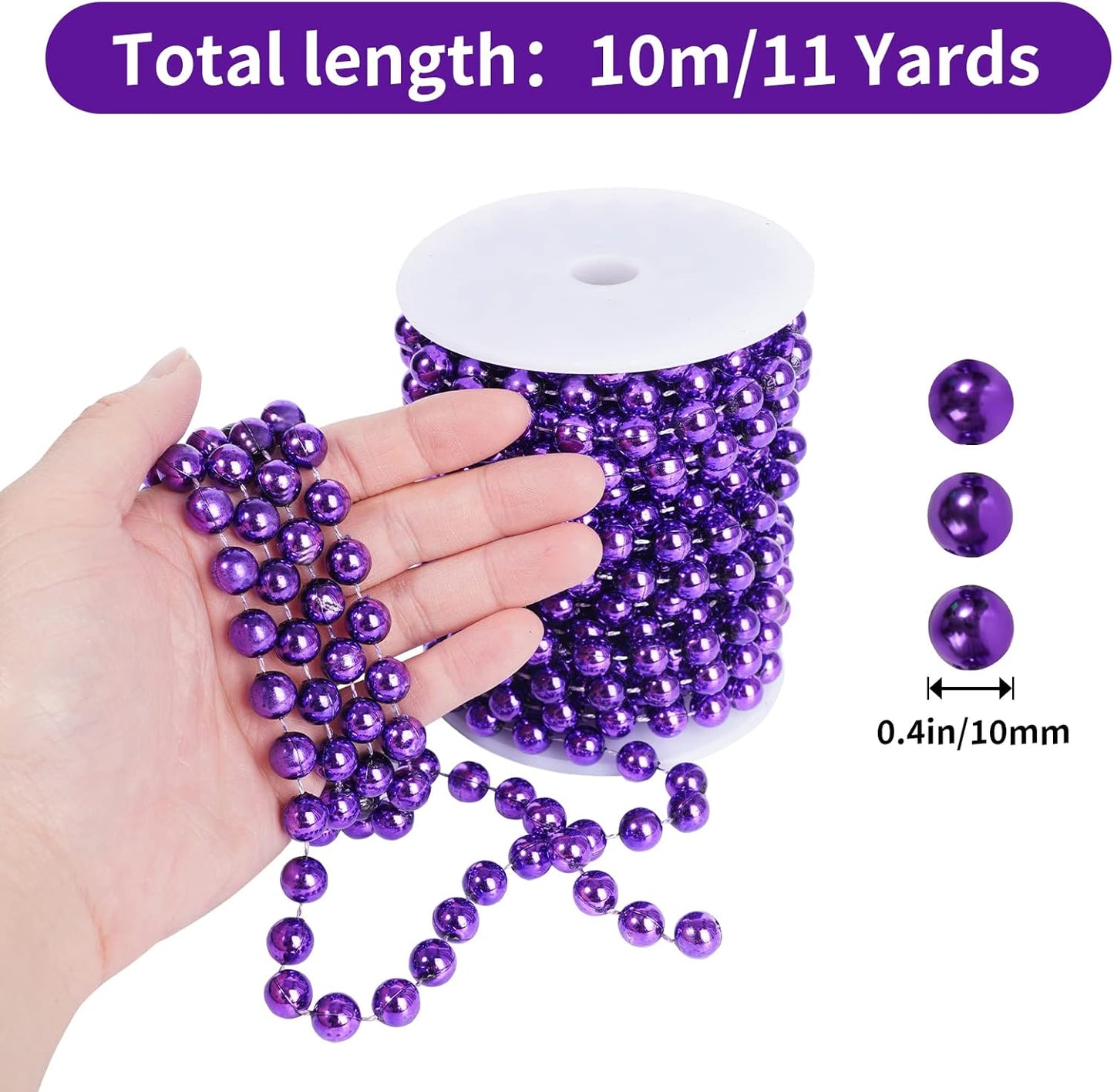 Faux Purple Pearl Beads Garland - 11 Yards, 10mm Christmas Tree Beads for Wedding Party Decoration