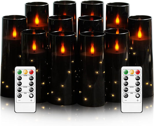 Flameless Candles with Embedded Star String - Battery Operated LED Candles, with Remote,12 Black Flickering Candles for Christmas, Weddings, Home Decor & Party,(D 2.3"×H 5" 6" 7")
