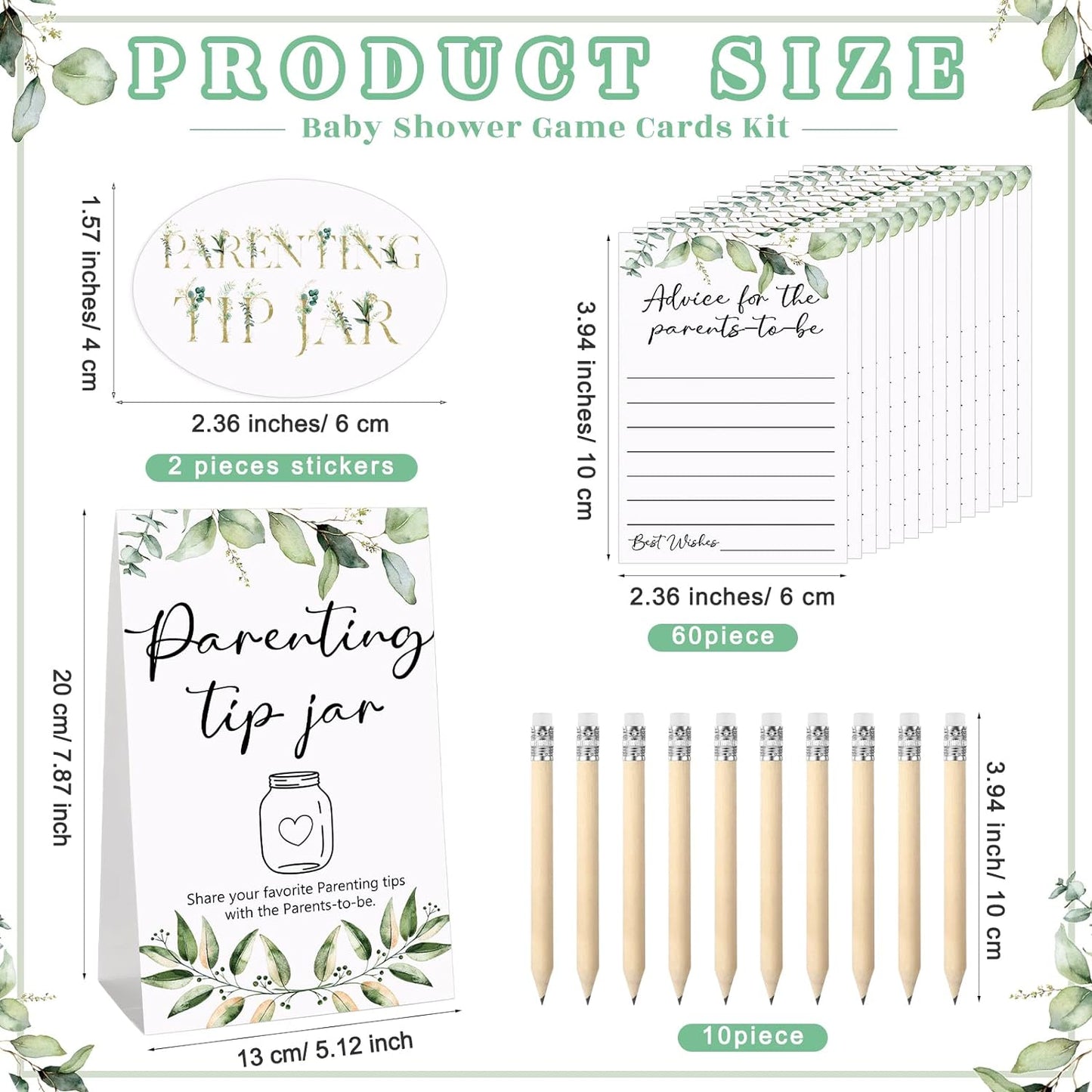 Roowest Baby Shower to Baby Advice Cards for New Parents to Be - Tip Jar Sign for New Parents 60 Parenting Advice Cards 10 HB Pencils 2 Cute Stickers 1 Pet Bottle for Guests Games(Leaf)