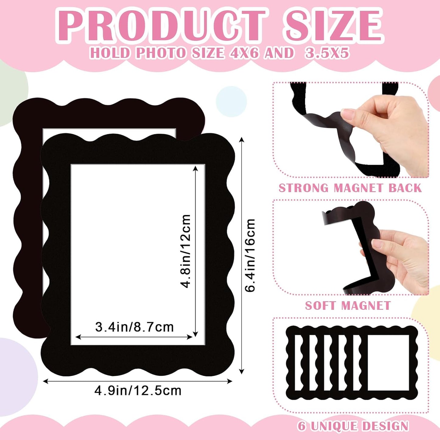 Kingdder 12 Pcs Scalloped Magnetic Picture Frame for Refrigerator 4 x 6 Black Reusable Picture Frame Magnets Decorative Photo Holders for Fridge Home School Office Kitchen Locker Decor