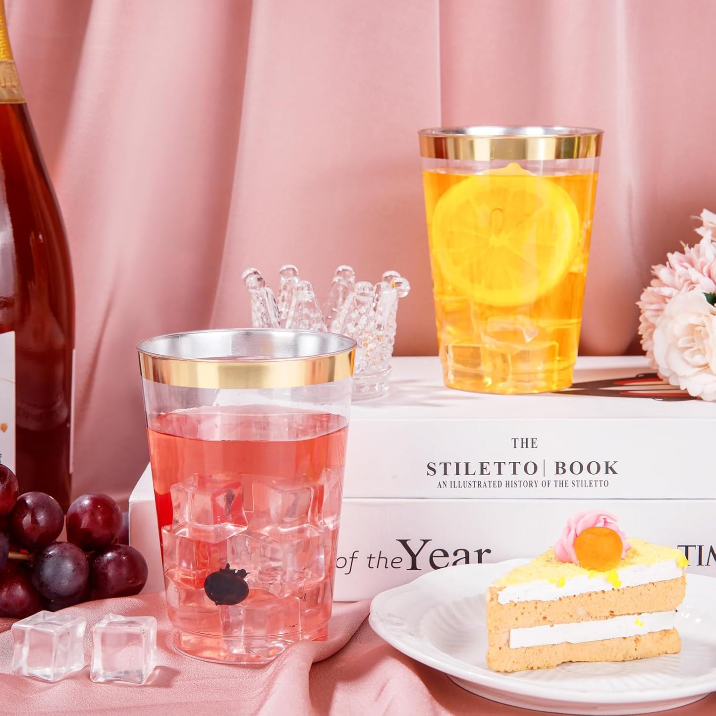 I00000 50 Pack 12 oz Gold Plastic Cups, Gold Rimmed Disposable Cups, Disposable Plastic Wine Glasses Cocktail Glasses Heavy Duty Cup with Golden Rim, 12 Ounce Tumblers for Party & Wedding