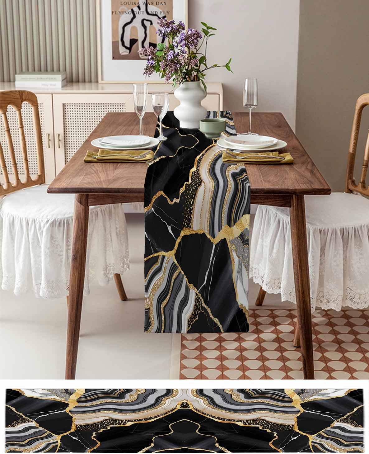 Geometric Black Marble Cotton Linen Table Runner for Dining Kitchen, Wedding Outdoor Party Tablerunners Decoration, Farm Marble Liquid Ripple Abstract Dresser Scarf Coffee Tablecloth Runners 13''x36''