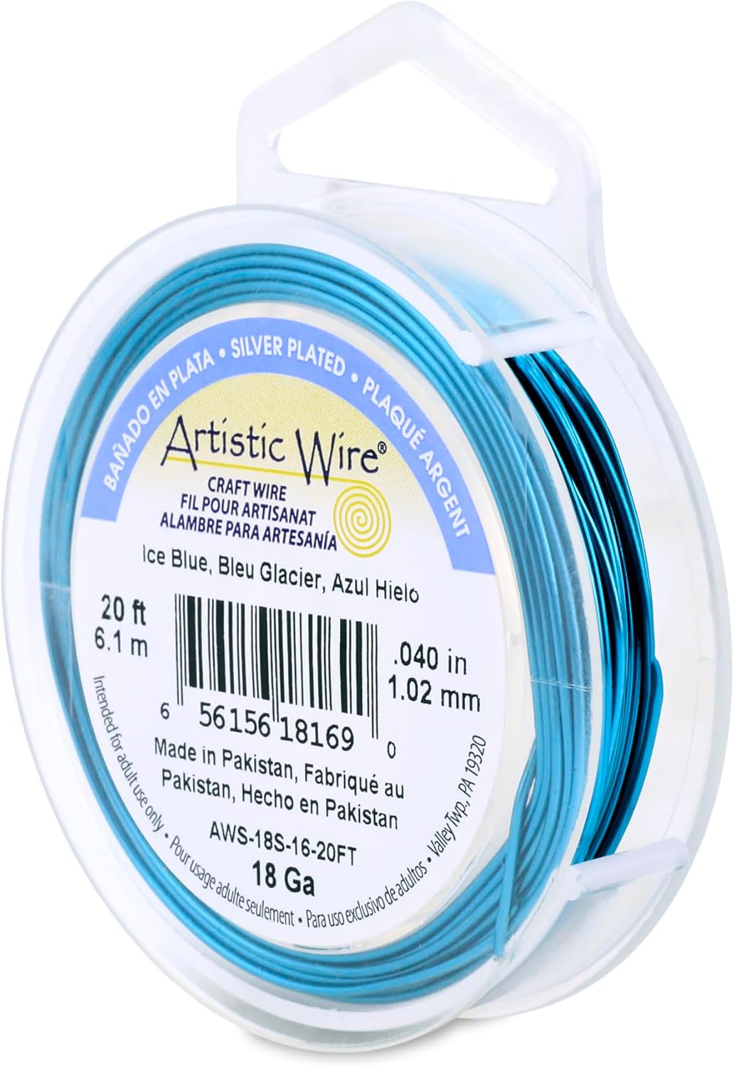 Artistic Wire, 18 Gauge Silver Plated Tarnish Resistant Colored Copper Craft Wire, Ice Blue, 20 ft