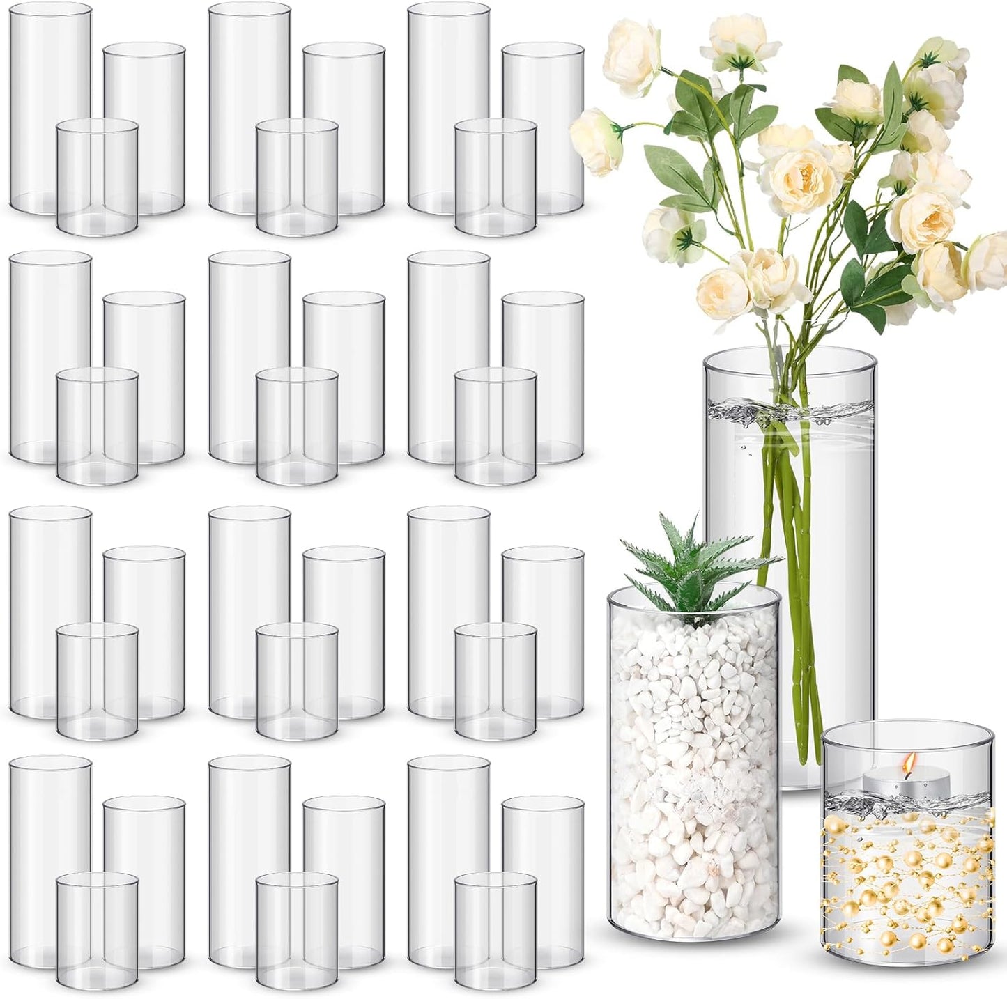 Nuogo 36 Pcs Plastic Cylinder Vases Tall Clear Flower Vases for Centerpieces Hurricane Candle Holder for Home Wedding Office Party Formal Dinners Decorations (4''/6''/8'')