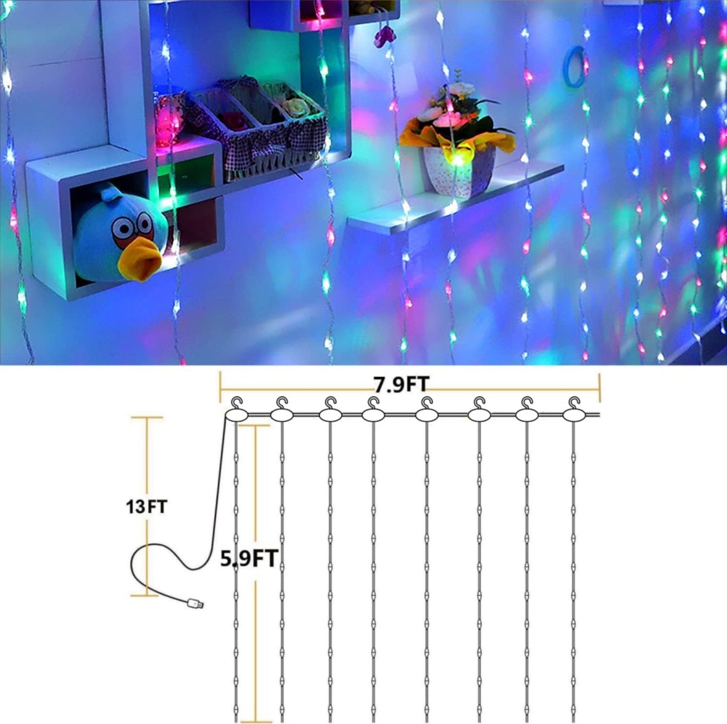 YEOLEH Curtain String Lights, Waterproof Copper Wire Curtain Lights with Control, 8 Modes USB Fairy Lights Plug in Good for Wedding Bedroom Party Home Christmas Decorations,(Colorful,7.9Ft x 5.9Ft)