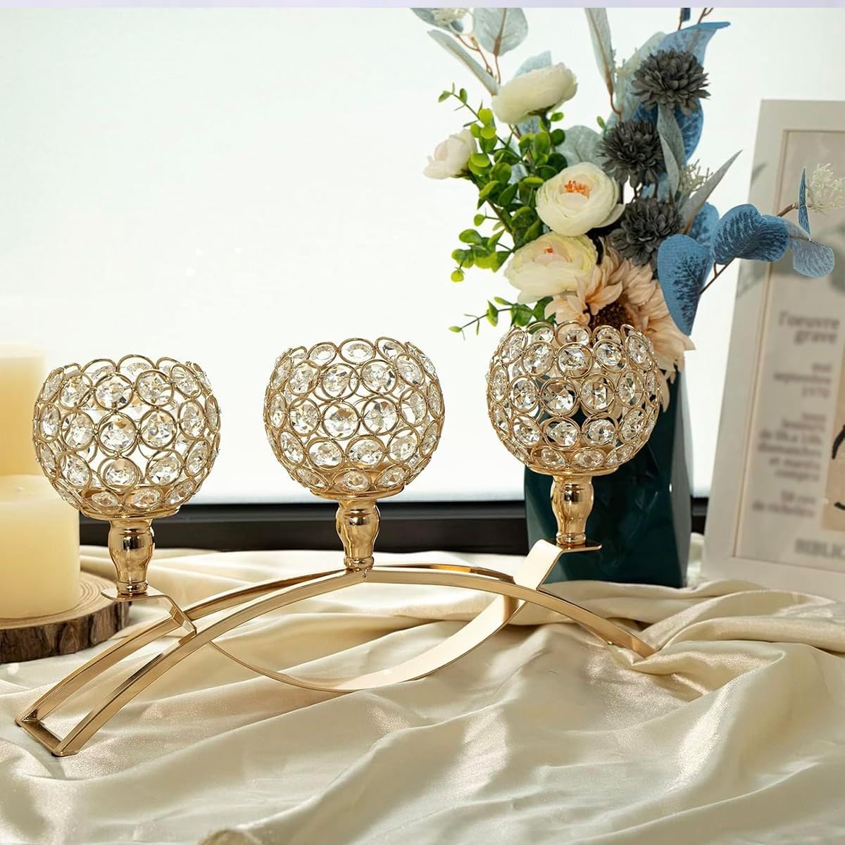 VINCIGANT 4Pcs Christmas Table Decoration Gold Bulk Decorative Tealight Candle Holder for Wedding,3-Candle Candelabras for Christmas Party Dinning Room Table Centerpiece,Gift Boxed for Thanksgiving