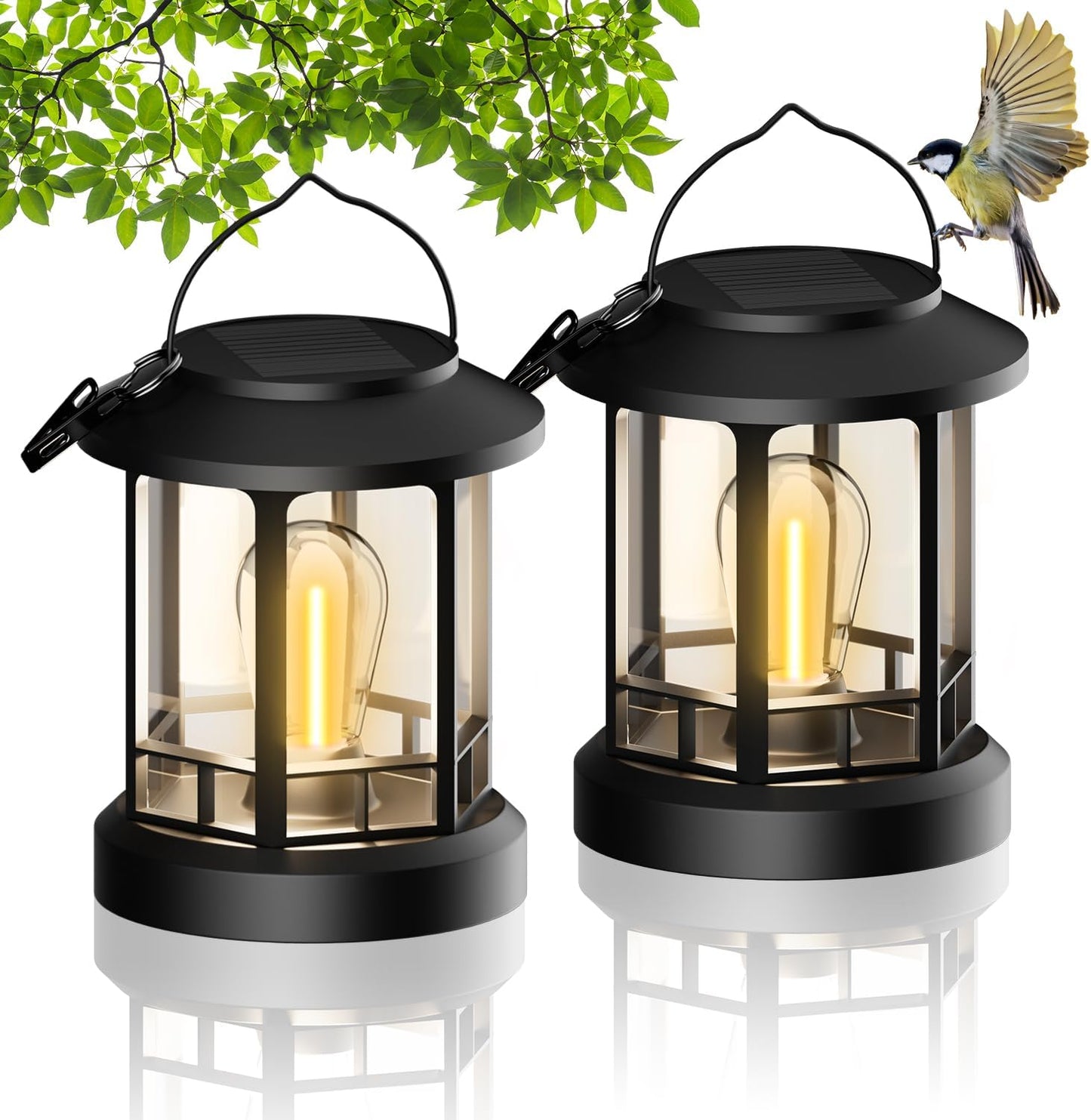 Solar Lights Outdoor Hanging Lantern, Solar Lanterns Waterproof for Patio Decor with Clip, Retro High Brightness Solar Powered Hanging Lamp for Garden, Path, Walkway, Porch, Pack 2