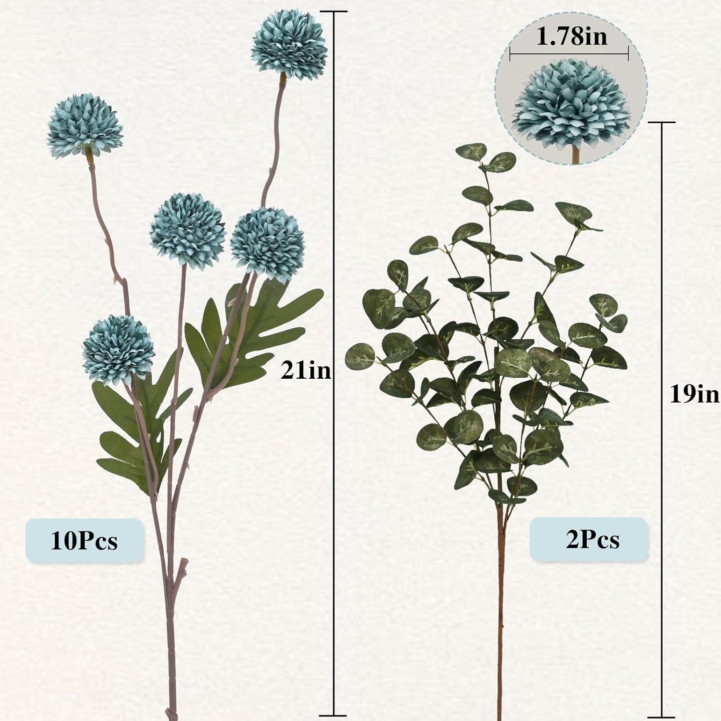 Waipfaru 10pcs Fake Silk Pompon Mum Artificial Flowers, Bulk Faux Mini Chrysanthemums with 2pcs Eucalyptus Stems, for Centerpieces Wedding Fillers Champagne Arrangements Shower Decorations, Blue