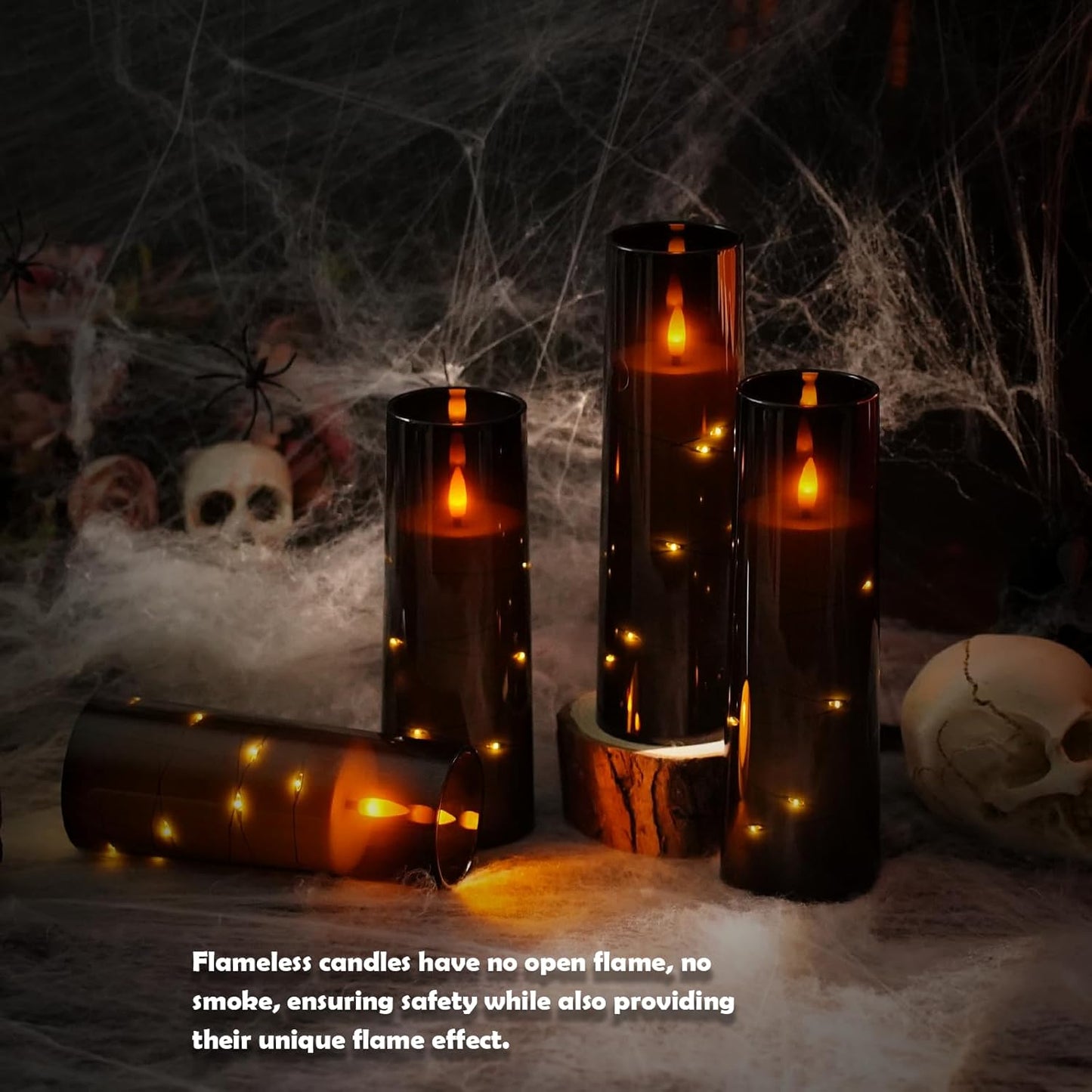Flameless Candles with Embedded Star String - Battery Operated LED Candles, with Remote,12 Black Flickering Candles for Christmas, Weddings, Home Decor & Party,(D 2.3"×H 5" 6" 7")