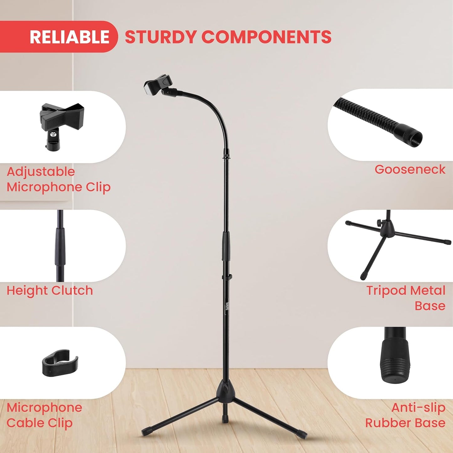 Pyle Tripod Mic Stand, Adjustable Gooseneck Microphone Stand, Sturdy Build, Non-Slip Rubber Feet, Folds Flat for Compact Storage, Includes Mic Clip & 5/8" Adapter, 52.36" to 79.13" Inch