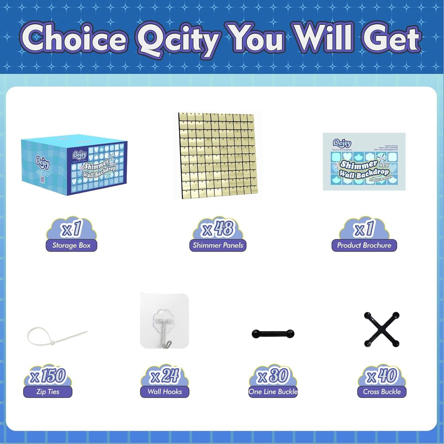 Qcity Light Gold Shimmer Wall Backdrop 48PCS, Black Back Not See-Through Design, Square Sequin Glitter Backdrop Panel, Perfect for Outdoor Events, Birthdays, Wedding and Party Decoration