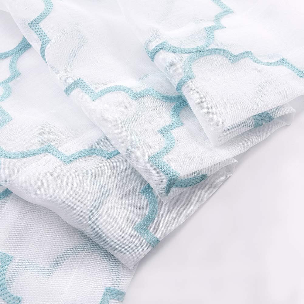 Blue Sheer Curtains 84 Inches Long, Moroccan Embroidered Rod Pocket Sheer Drapes for Living room, Bedroom, 2 Panels, 52"x 84", Semi Crinkle Voile Window Treatments for Yard, Patio, Villa, Set of 2.