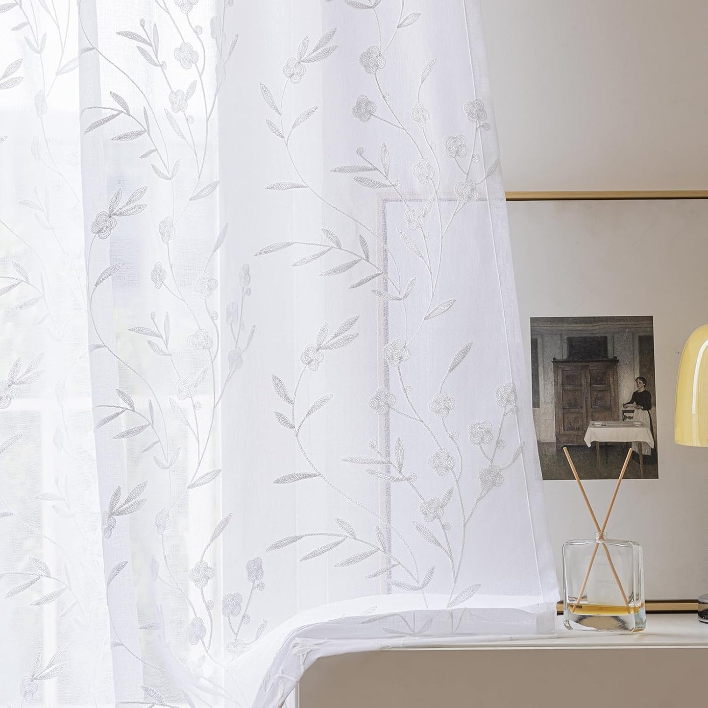 White Sheer Curtains Embroidery 72 Inch Length Rod Pocket Voile Drapes for Living room, Bedroom, Outdoor, Nursery Curtain Semi Flower Curtain Panels for Baby, Womaen, Garden, Lawn, Set of 2, 52"x 72".