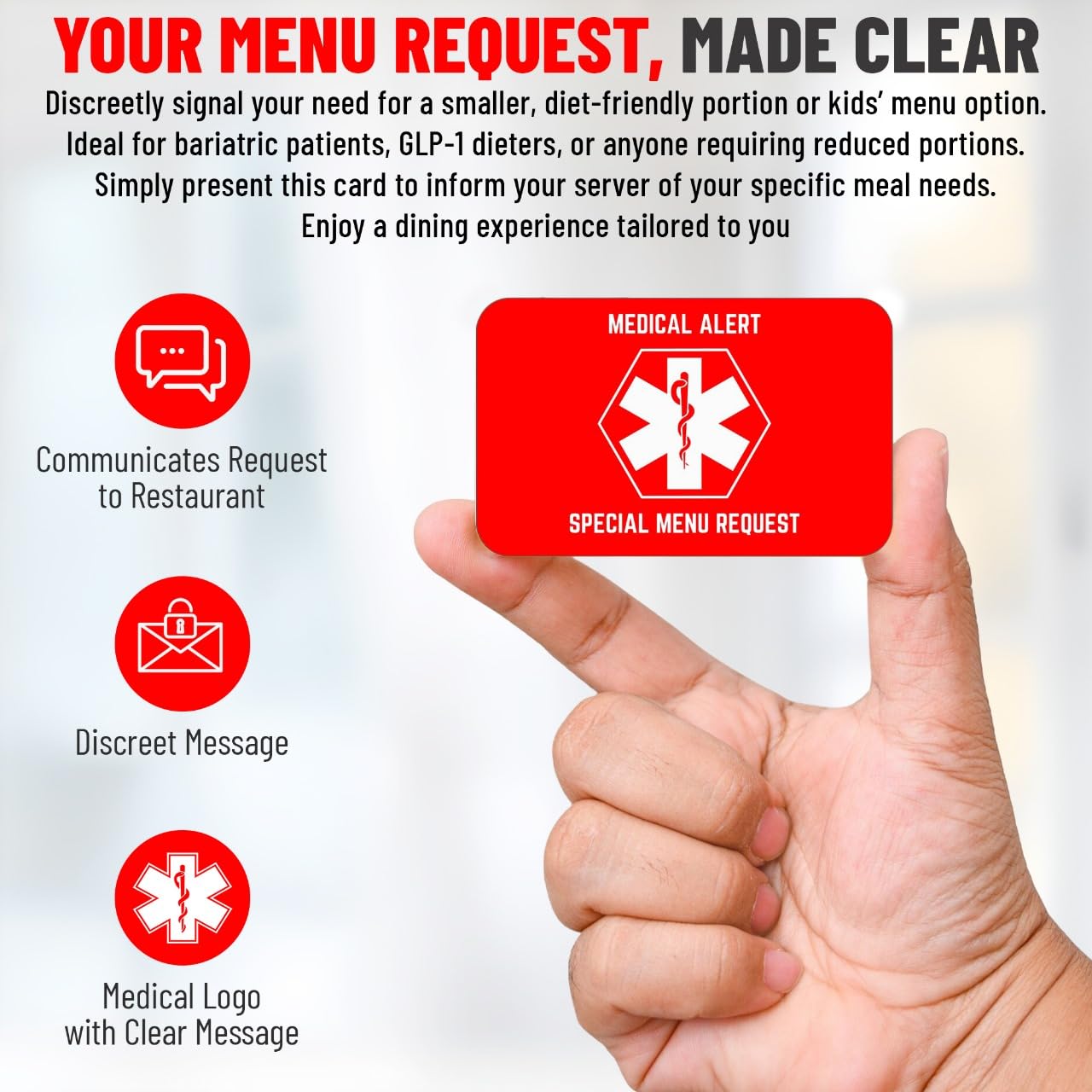 Bariatric Card for Restaurants, Special Menu Request Card, Portion Control Restaurant Request for Bariatric or Gastric Sleeve Patients, Wallet Sized, Set of 2 Cards (2, Red, 3.375in x 2.125in)