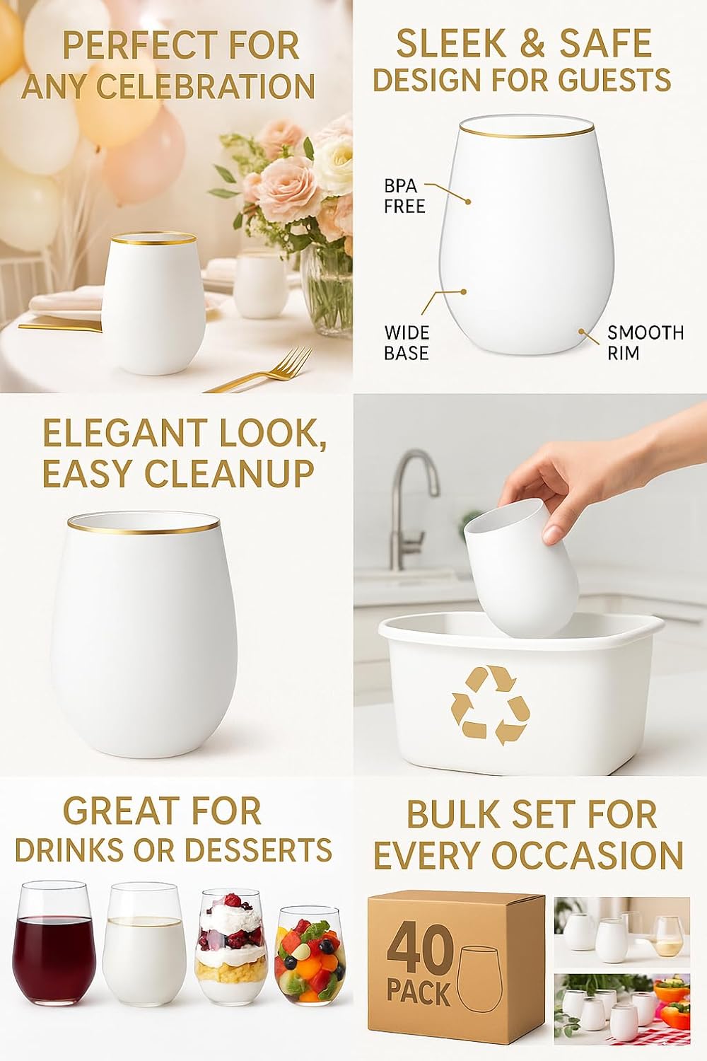 40 count Unbreakable Stemless Plastic Wine Champagne Whiskey Glasses Elegant Durable Disposable Indoor Outdoor Ideal for Home, Office, Bars, Wedding, 12 Ounce Cups Gold Rim (White Matte Gold)