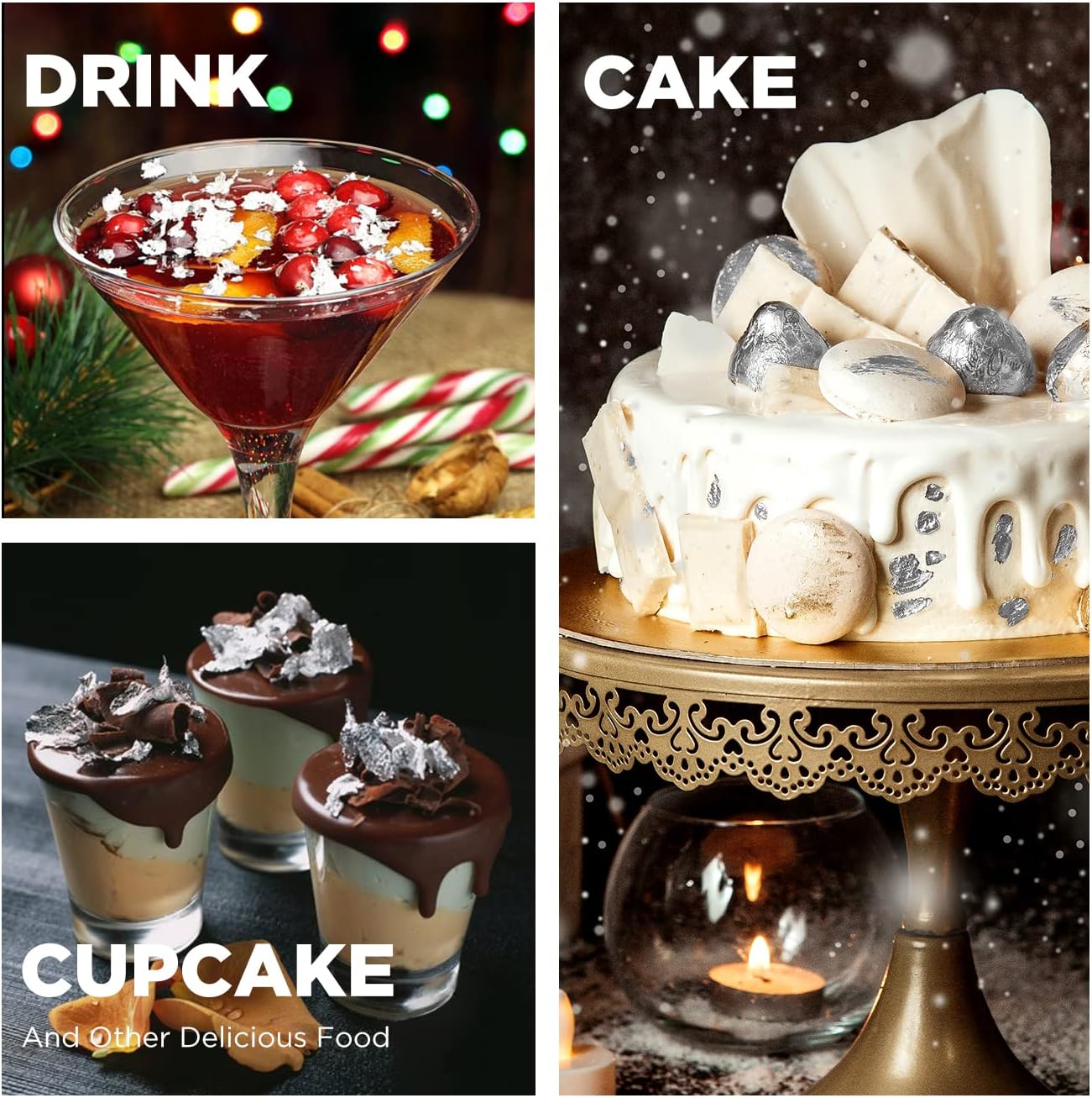 Cobakey Edible Silver Leaf - 50mg Silver Flakes for Cake Decoration (Cupcake, Chocolate, Steak, Drink & Cooking), Edible PureSilver with Edible Glitter & Wooden Tweezers