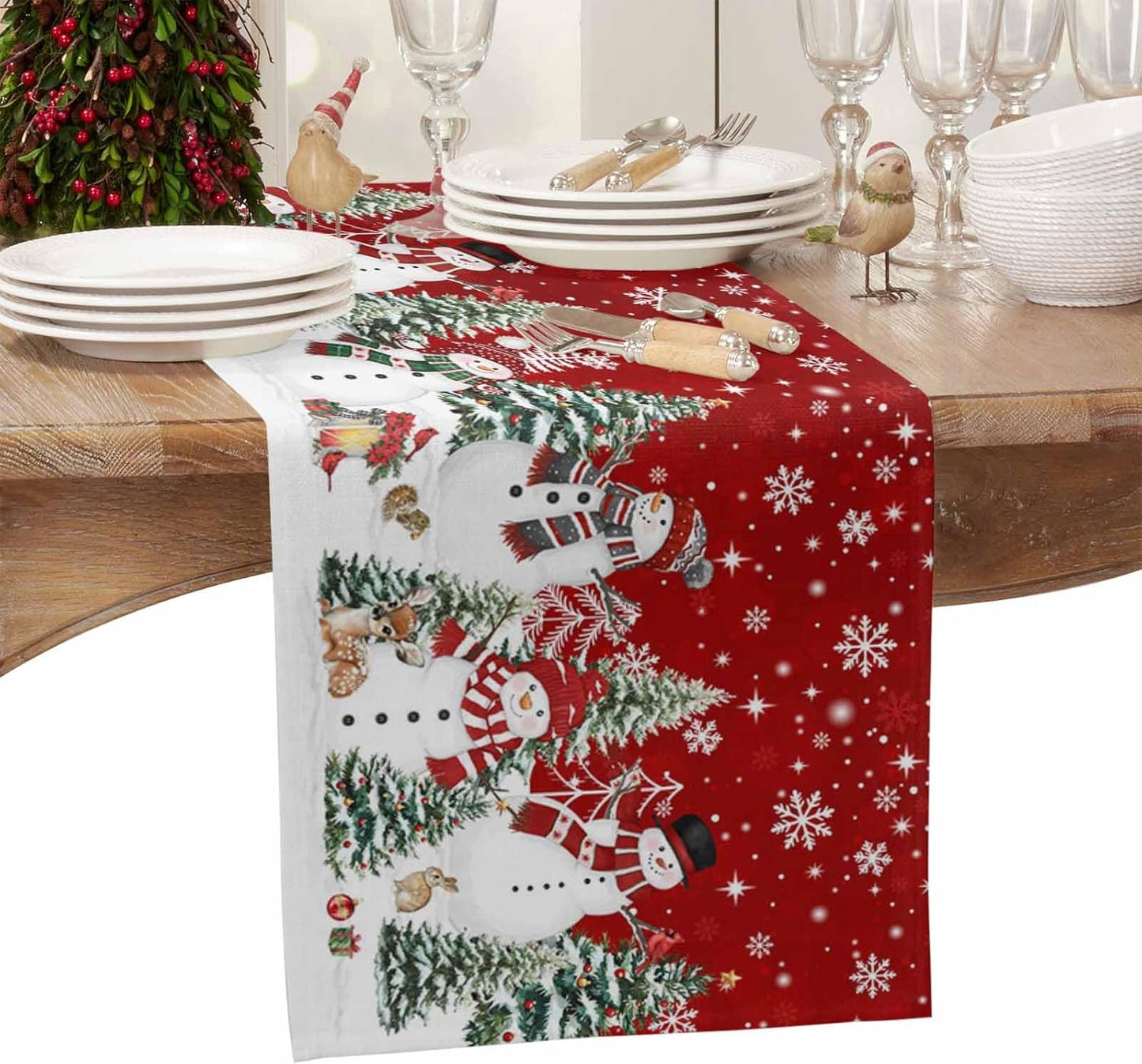Christmas Snowman Cotton Linen Table Runner for Dining Kitchen, Xmas Tree White Snowflakes Winter Wedding Outdoor Party Tablerunners Decoration, Dresser Scarf Coffee Tablecloth Runners 13x72 Inches