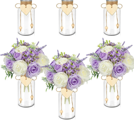 Vintage Glass Vases for Flowers, Set of 6 Mason Jar Vase Table Centerpieces for Farmhouse Room Decor, Wedding, Bridal Shower Bud Vase Set (Small)