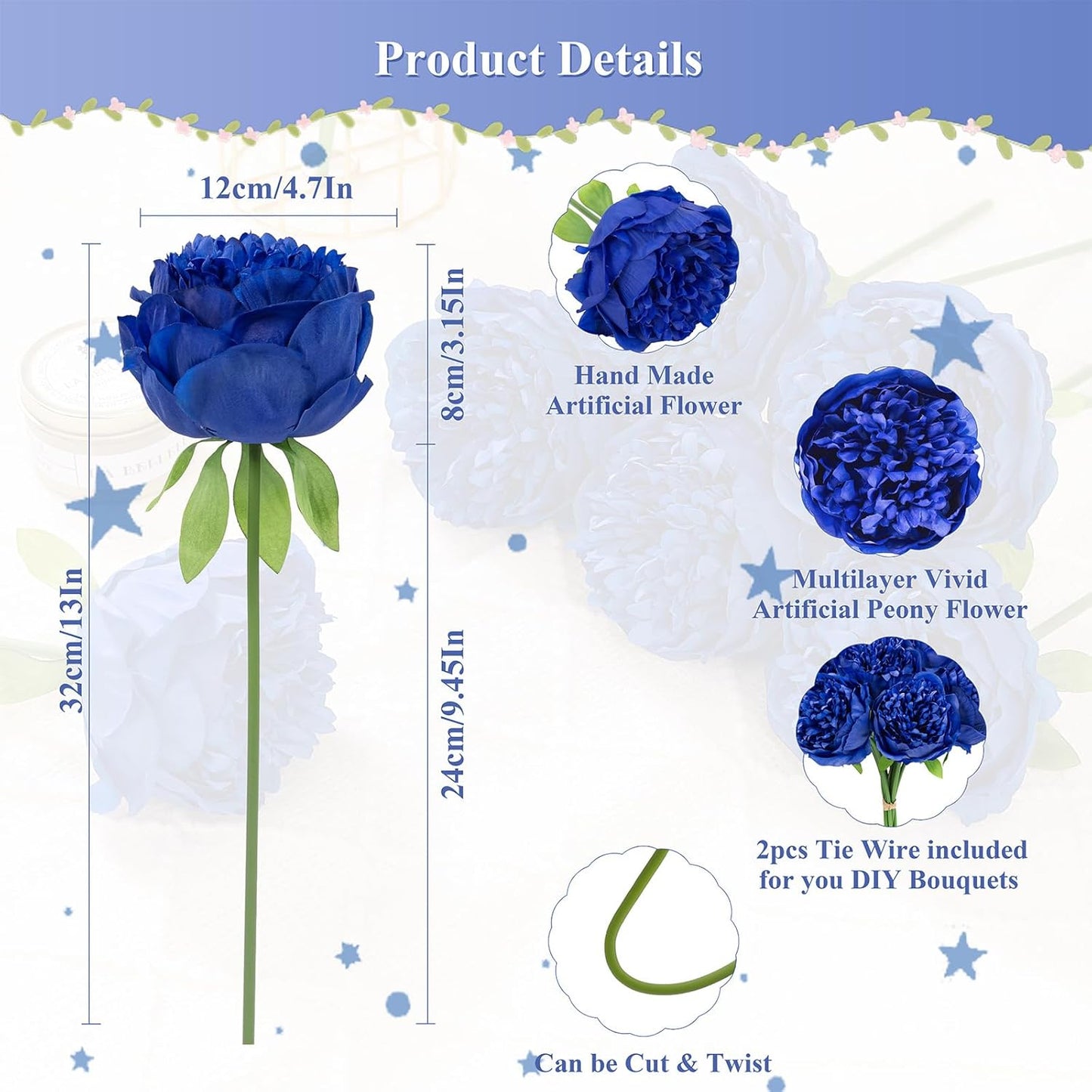 U'Artlines Artificial Peony Silk Flower with Stems 10pcs Real Look Vintage Peonies for Home Wedding Decoration (Navy Blue)