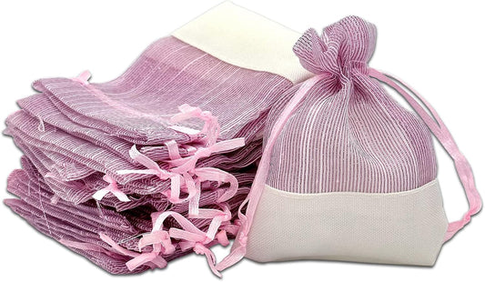 TheDisplayGuys For Your Modern Living 24-Pack Linen & Pink Organza Gift Bags with Drawstrings (XSmall 3 x 4) - Party Favors, Samples, Treats Mesh Pouches