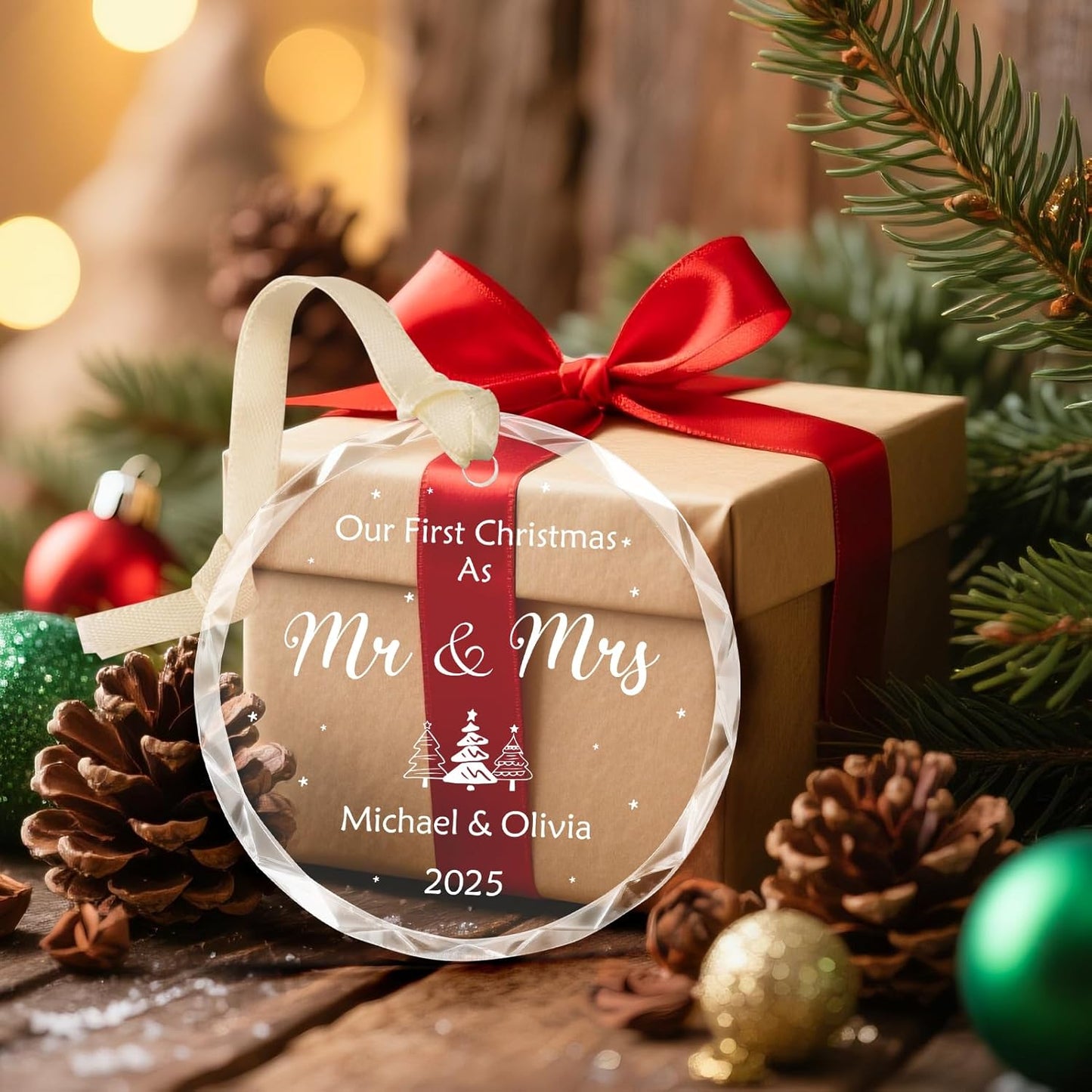 Personalized First Christmas Married Ornament, Custom Engaged Christmas Ornament 2025 with Names, Engagement Gifts for Couples, Customized Wedding Gifts for Newlywed
