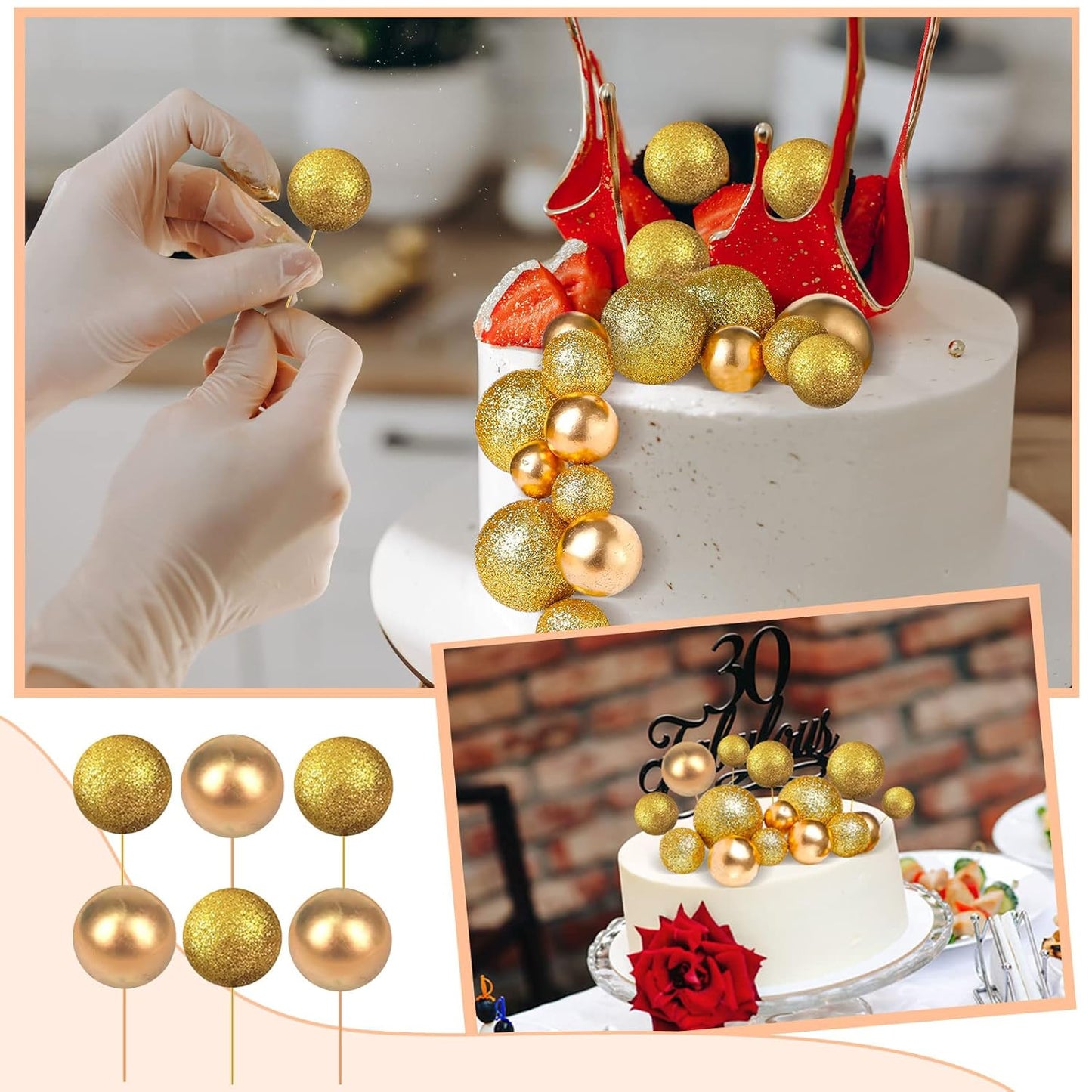 108 Pcs Balls Cake Topper DIY Cupcake Insert Foam Balloons for Cake Baking Wedding Anniversary Birthday Decoration(Glitter Gold, Gold,Multi Sizes)