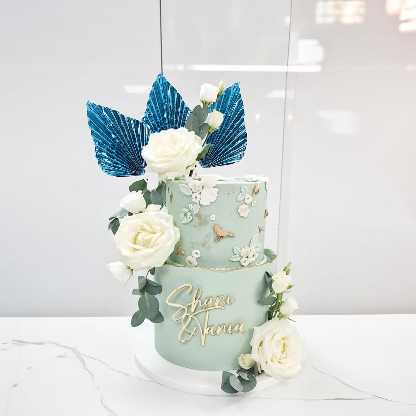 Ephlyn 6Pcs Paper Palm Leaves Fan Cake Toppers Palm Leaf Fan Cake Picks Craft DIY Fan Cupcake Toppers Palm Spear Leaves Cake Decorations for Baby Shower Wedding Birthday Party Supplies Bright Blue