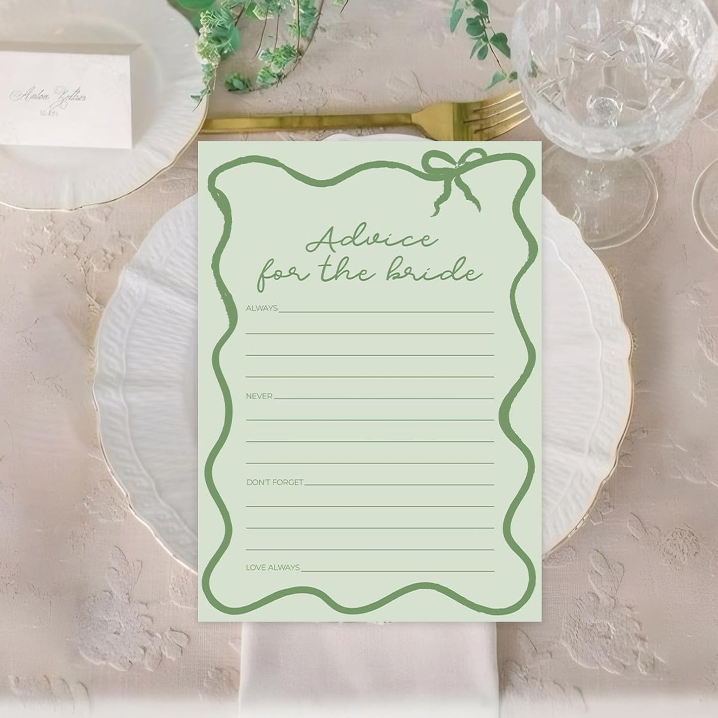 DEEKA 30 PCS Bridal Shower Games Card for 30 Guests Sage Green Wavy Border Ribbon Bow Funny Wedding Bachelorette Party Games for Reception (Advice for The Bride)