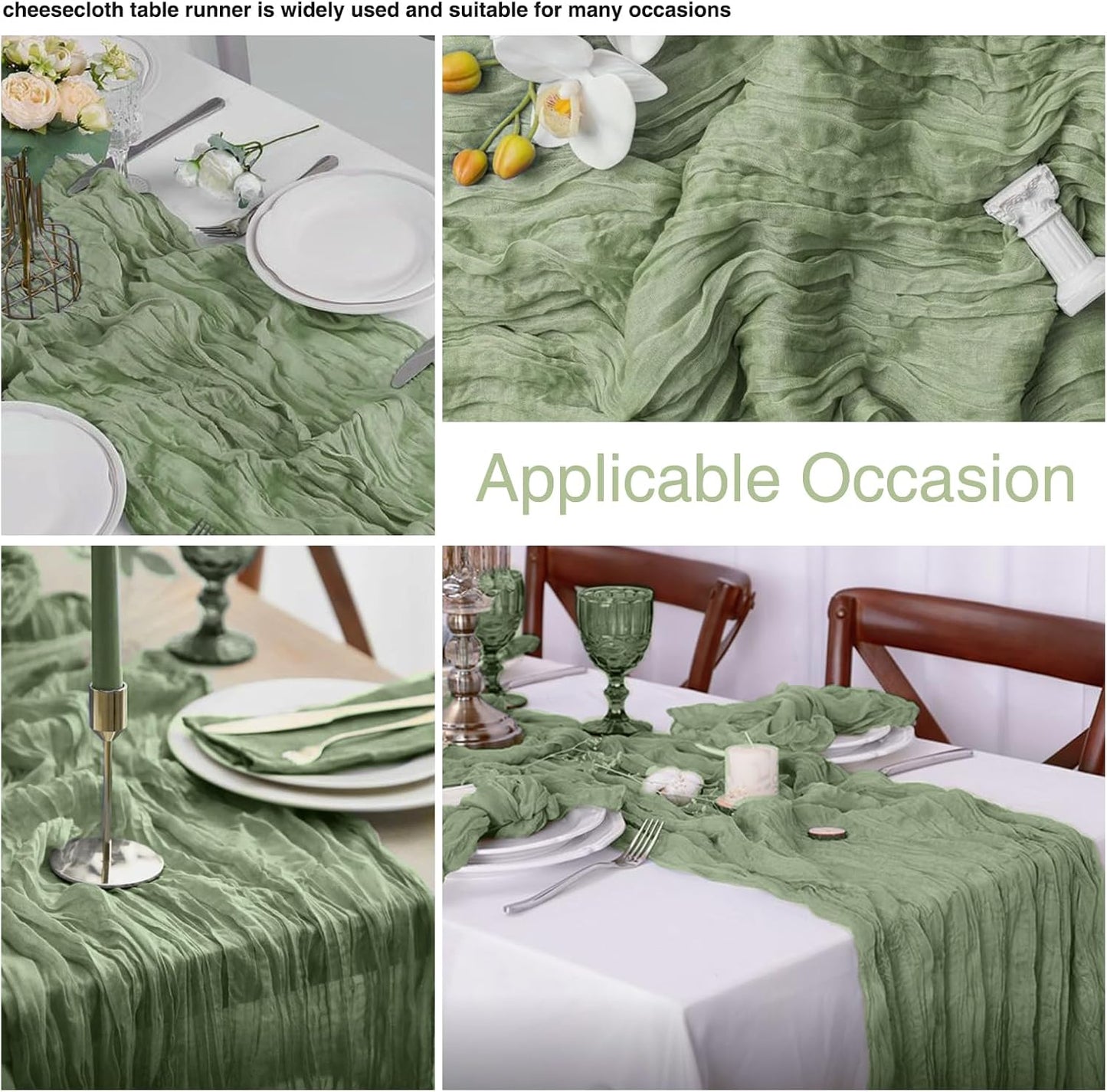 6 Pack Sage Green Cheesecloth Table Runner 20x120 Inch Boho Wrinkled Sheer Romantic Gauze Decor for Wedding, Bridal Shower, Birthday Party