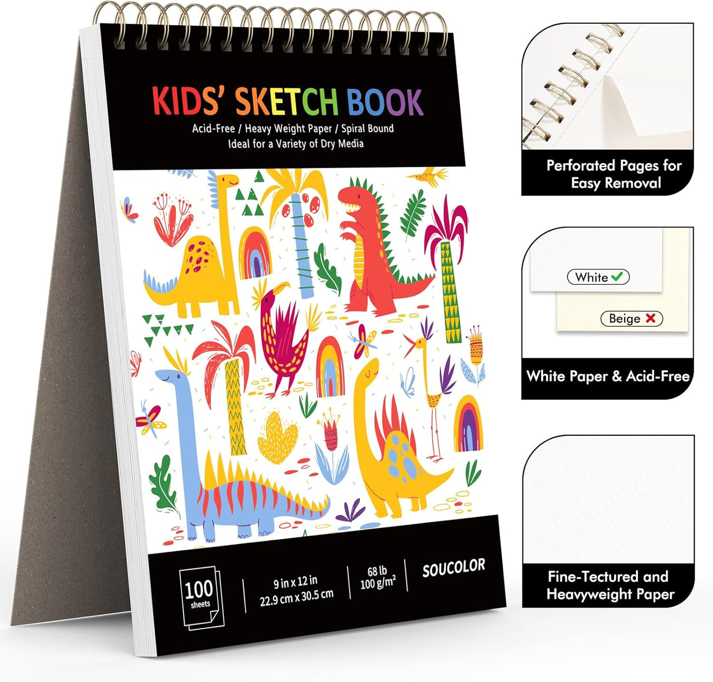 Soucolor 9" x 12" Kids Sketch Book, 100 Sheets Spiral Bound Art Sketchbook, Acid Free Artist Drawing Book Paper, Art Supplies for Adults, Craft Activities, Sketch Paper for Drawing Coloring Sketching