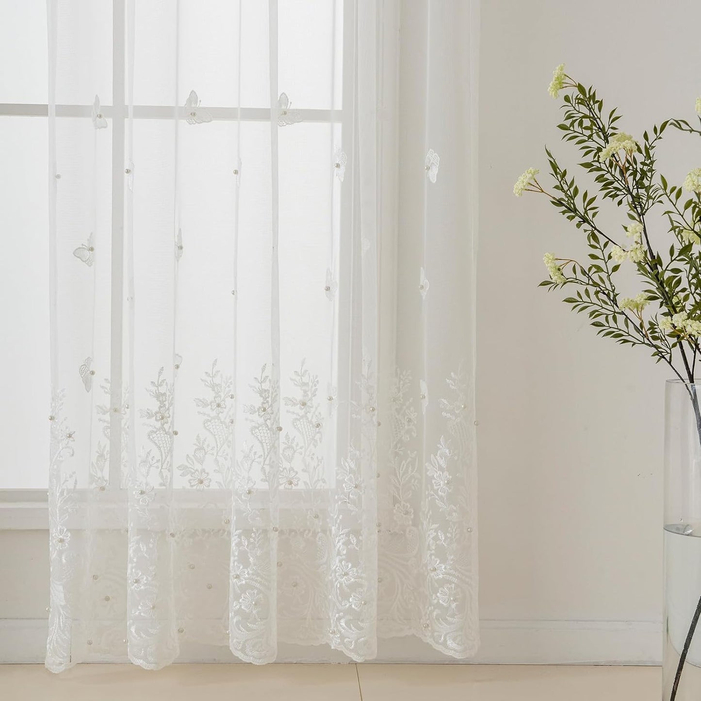 VISIONTEX White Voile Curtains, Decorative White Embossed Butterflies Rod Pocket Window Drapes for Home Kitchen, Living Room and Bedroom 54 x 84 Inch, Set of 2 Curtain Panels