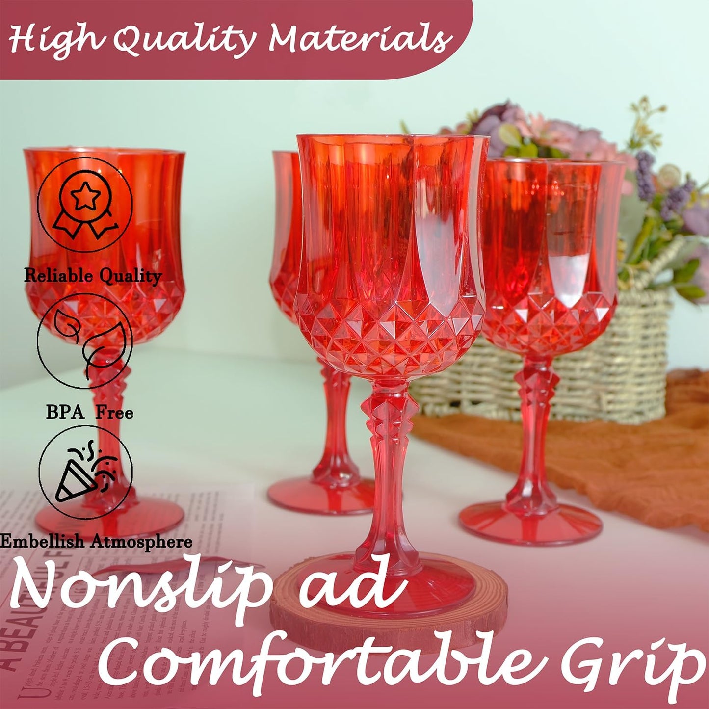 Plastic Wine Glasses，Plastic Goblets Vintage Style Cordial Drinking Glasses for Wedding Reception, Christmas Grand Event Party Supplies (24, Red)